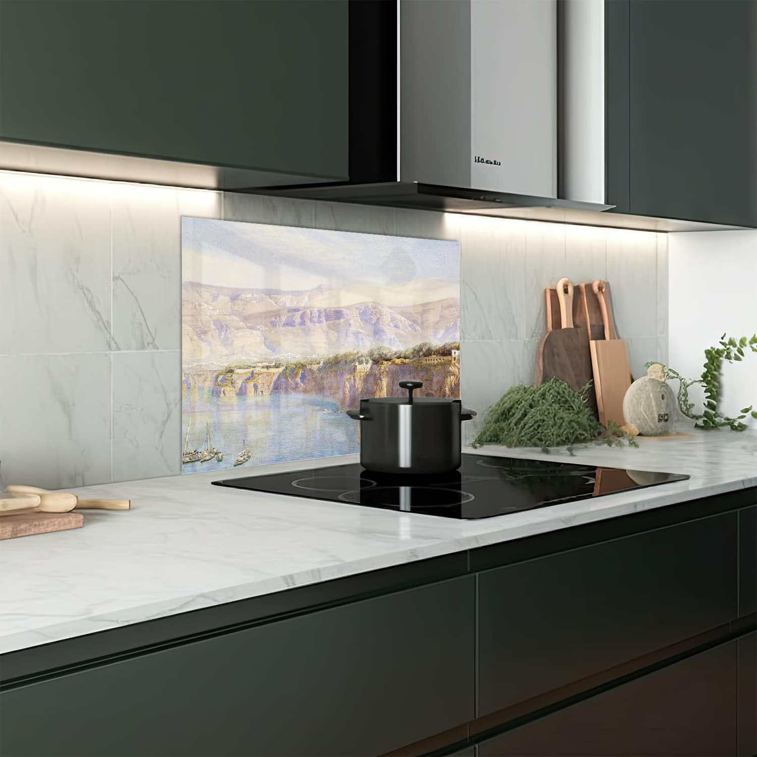 Eigen afmeting spatscherm-op-maat Keuken - Hittebestendig gehard glas - Waterverf Schilderij Hoge Kustlijn