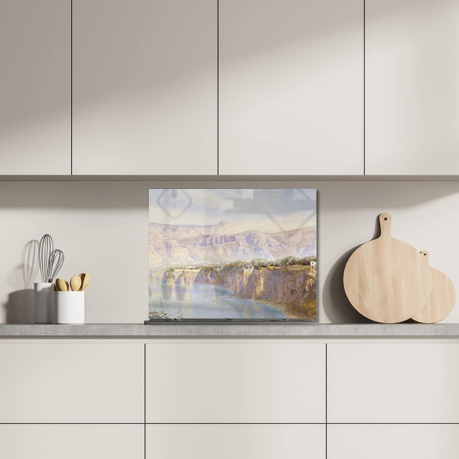 Eigen afmeting spatscherm-op-maat Keuken - Hittebestendig gehard glas - Waterverf Schilderij Hoge Kustlijn