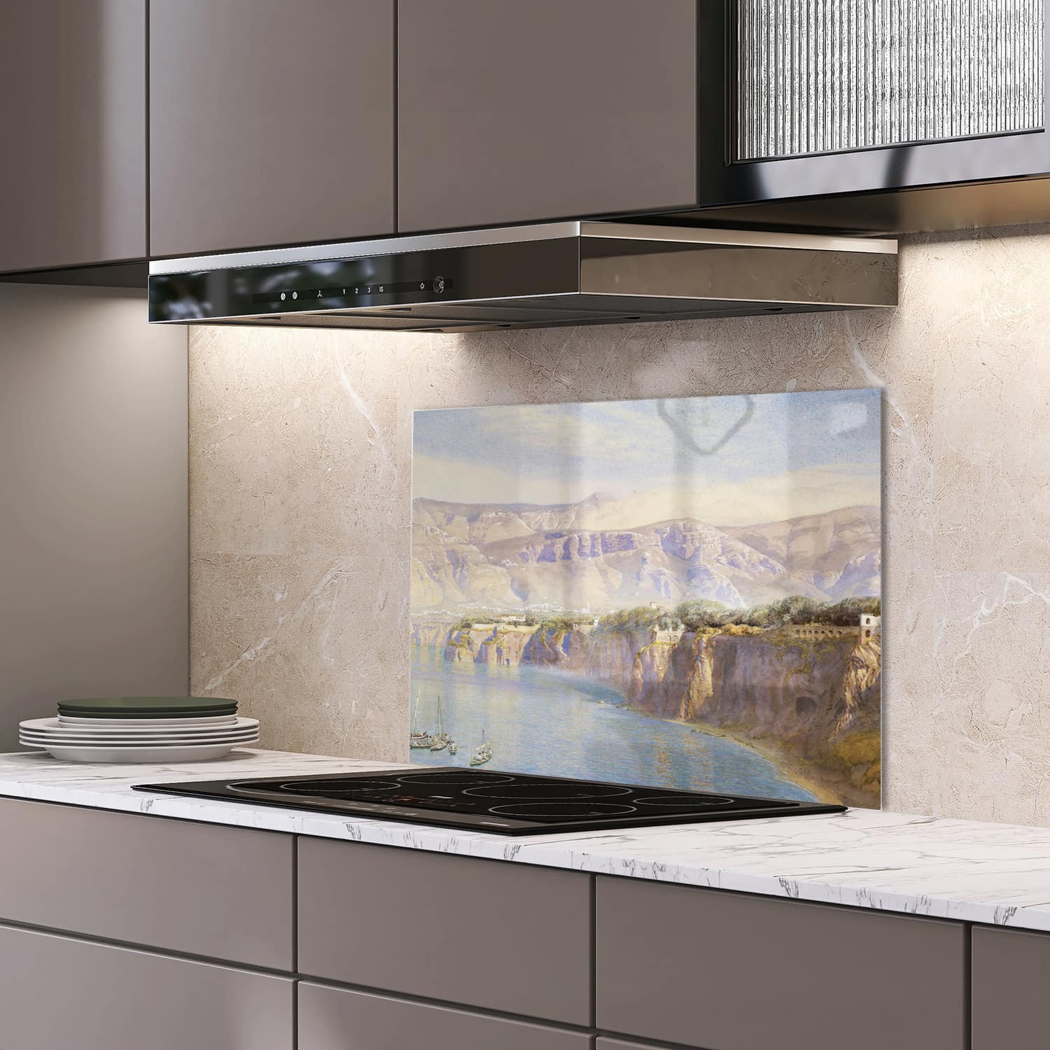 Eigen afmeting spatscherm-op-maat Keuken - Hittebestendig gehard glas - Waterverf Schilderij Hoge Kustlijn
