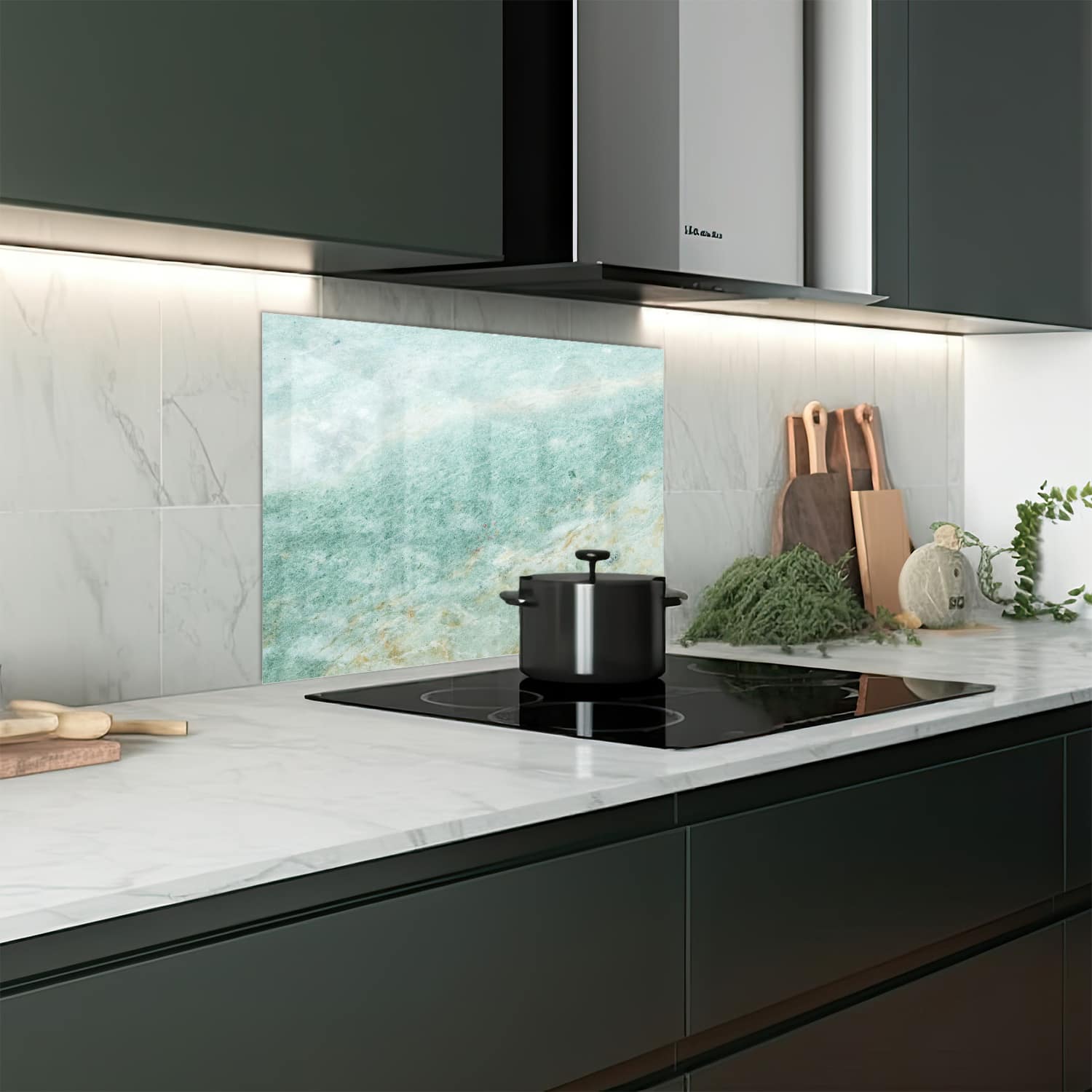 Eigen afmeting spatscherm-op-maat Keuken - Hittebestendig gehard glas - Lichtgroen Marmer