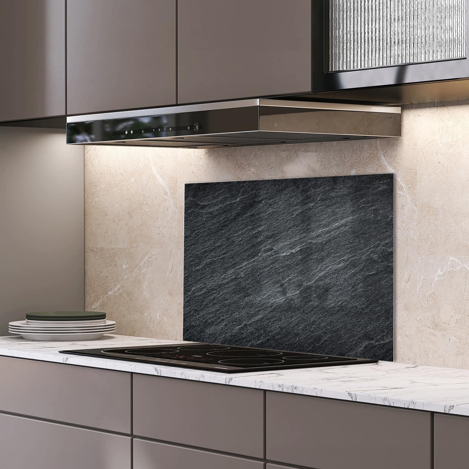 Eigen afmeting spatscherm-op-maat Keuken - Hittebestendig gehard glas - Donker Grijs Leisteen