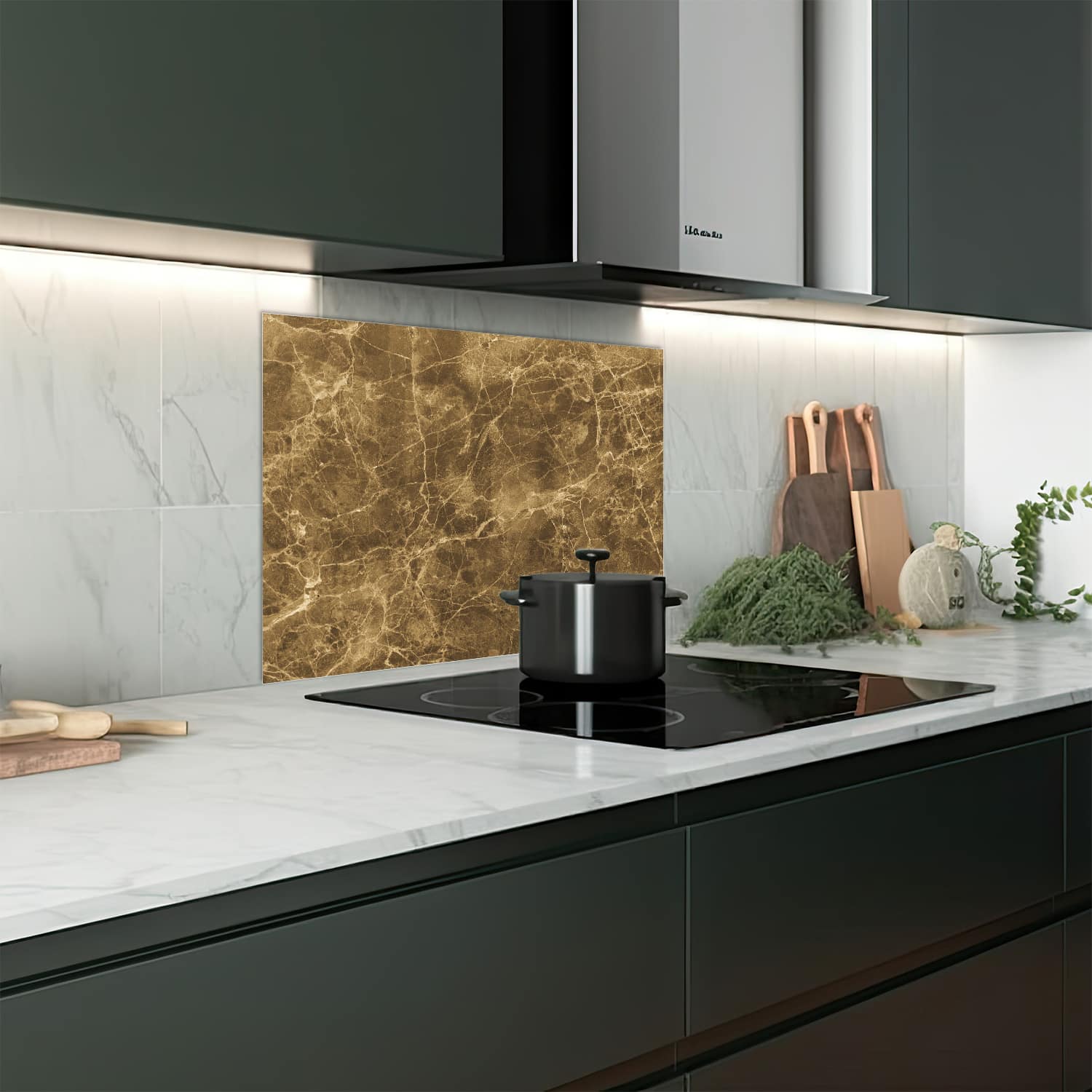 Eigen afmeting spatscherm-op-maat Keuken - Hittebestendig gehard glas - Lichtbruin Marmer