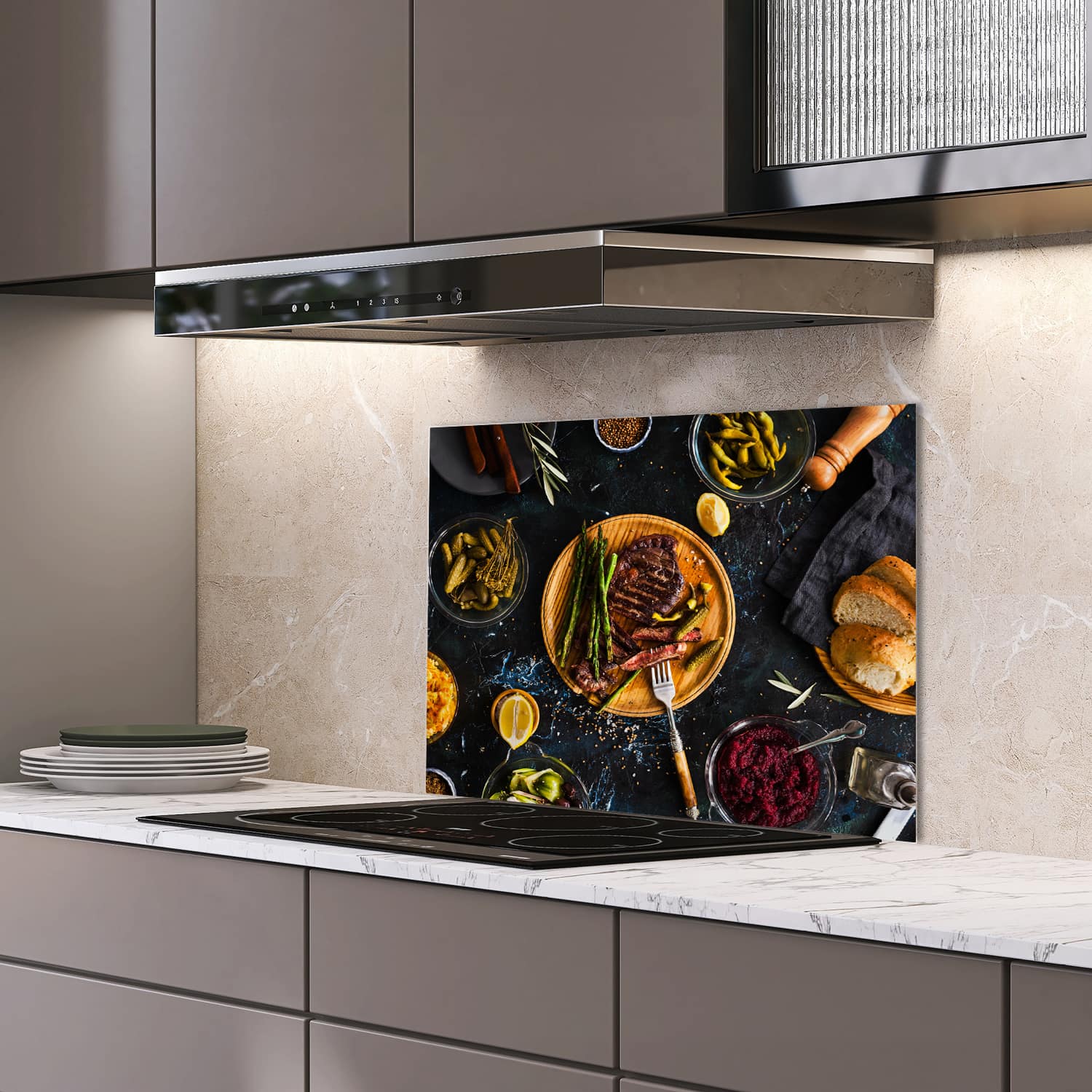 Eigen afmeting spatscherm-op-maat Keuken - Hittebestendig gehard glas - Gezellige Maaltijd