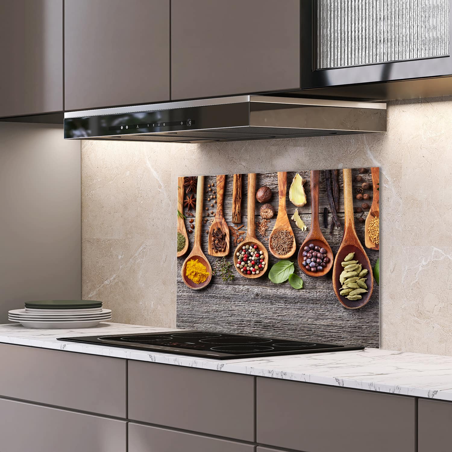 Eigen afmeting spatscherm-op-maat Keuken - Hittebestendig gehard glas - Houten Lepels met Kruiden