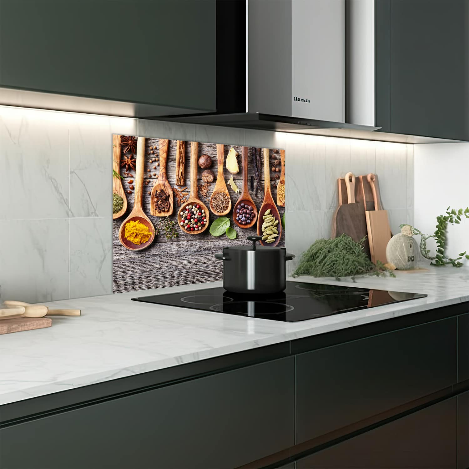 Eigen afmeting spatscherm-op-maat Keuken - Hittebestendig gehard glas - Houten Lepels met Kruiden
