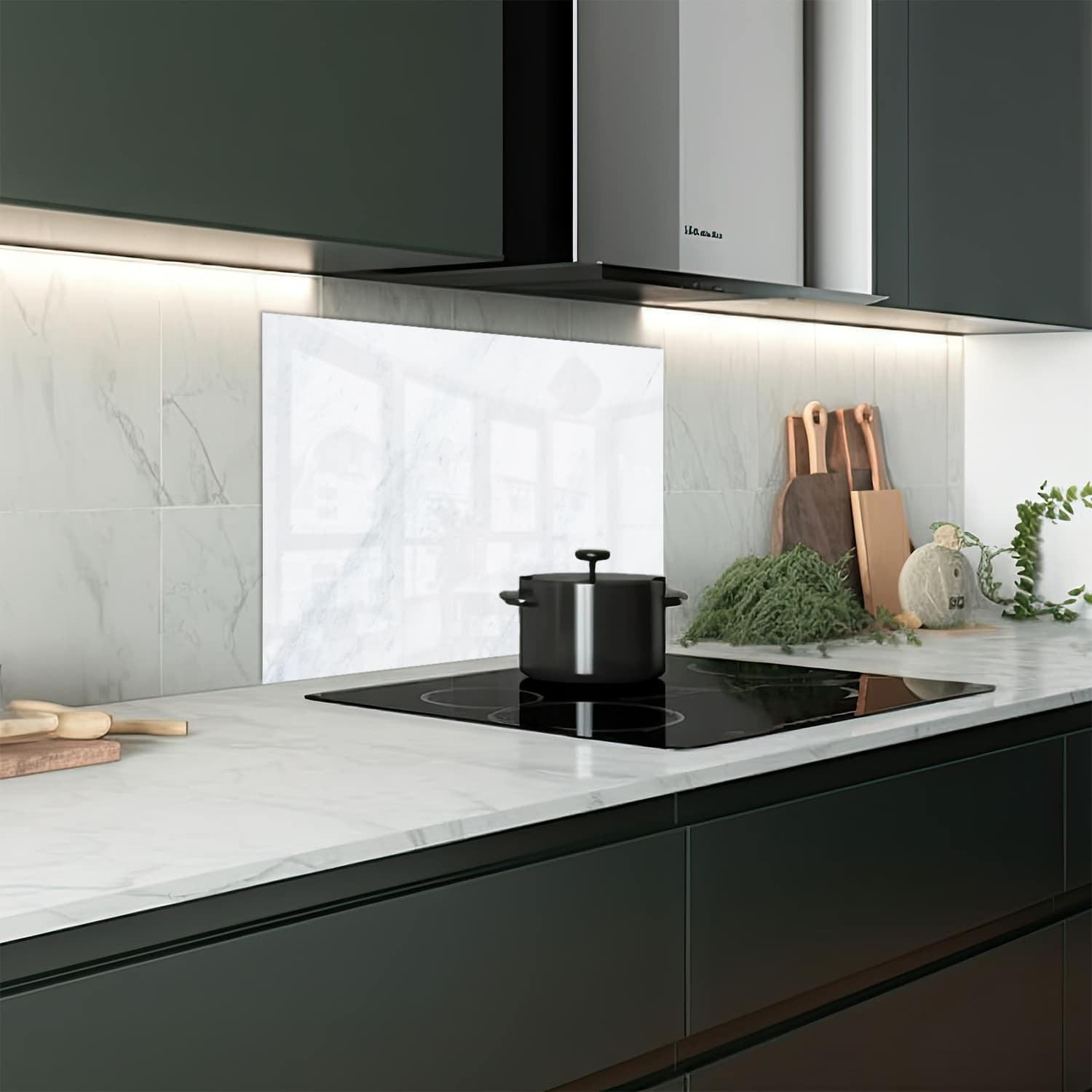 Eigen afmeting spatscherm-op-maat Keuken - Hittebestendig gehard glas - Wit Marmer