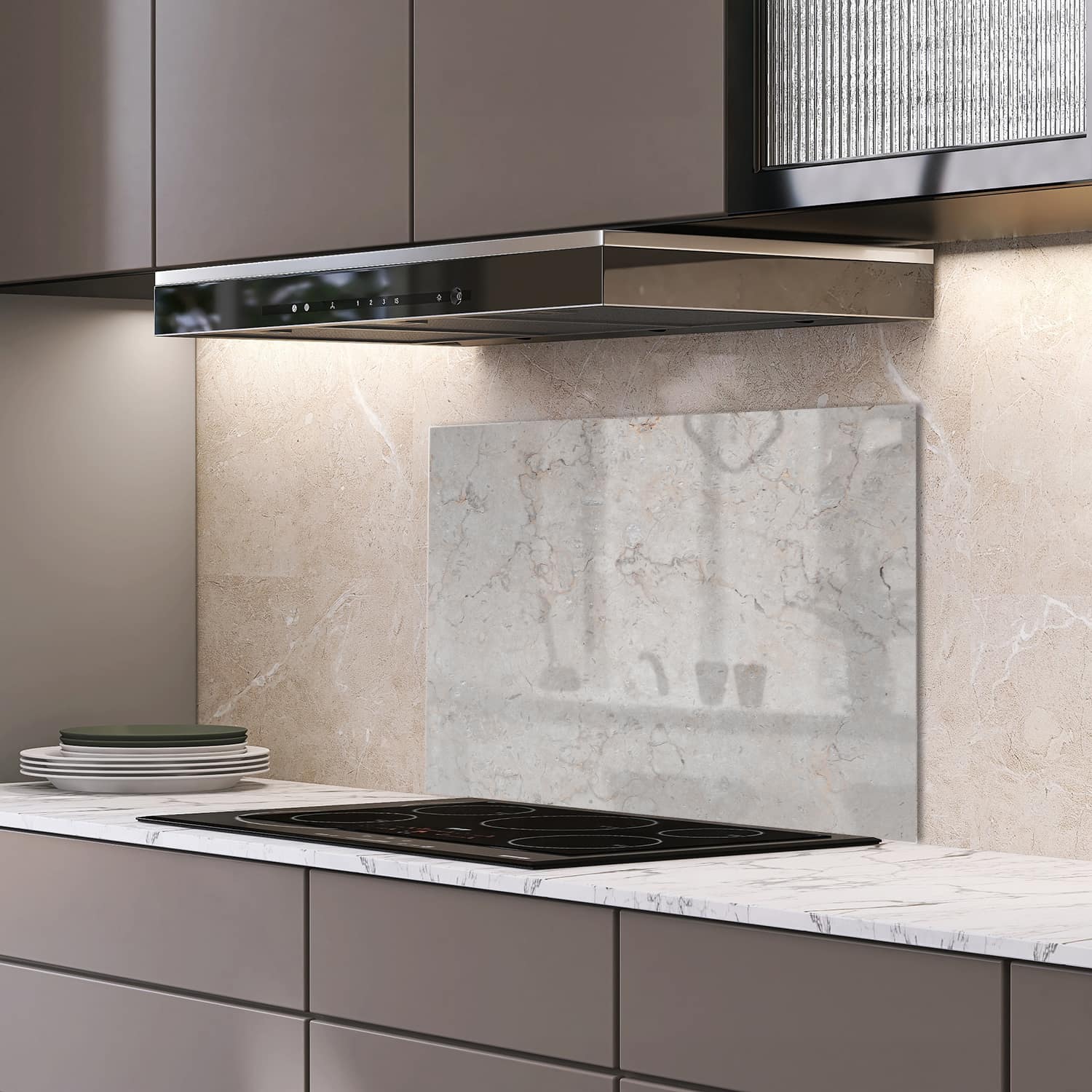 Eigen afmeting spatscherm-op-maat Keuken - Hittebestendig gehard glas - Klassieke Beige Marmer