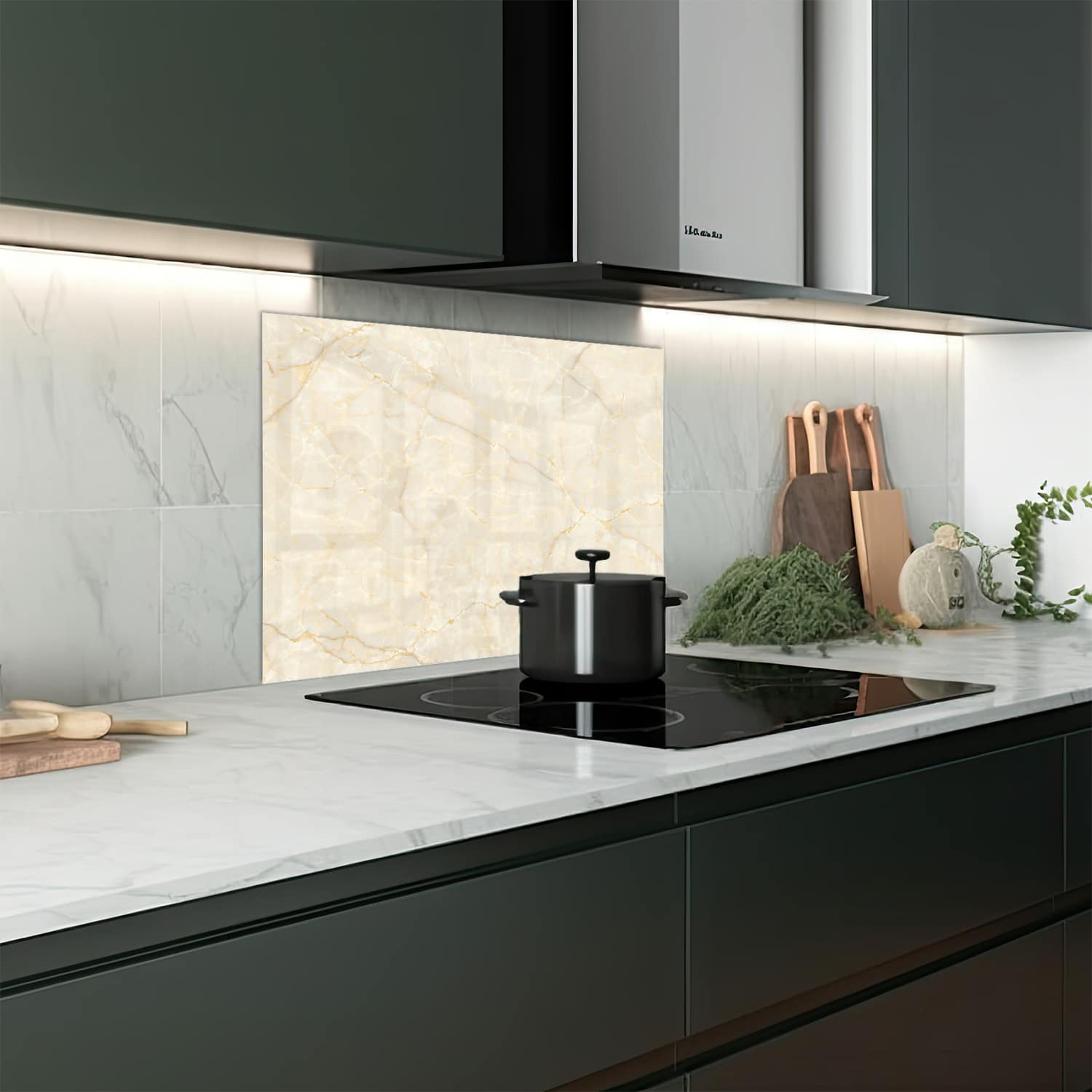 Eigen afmeting spatscherm-op-maat Keuken - Hittebestendig gehard glas - Zacht Beige Marmer