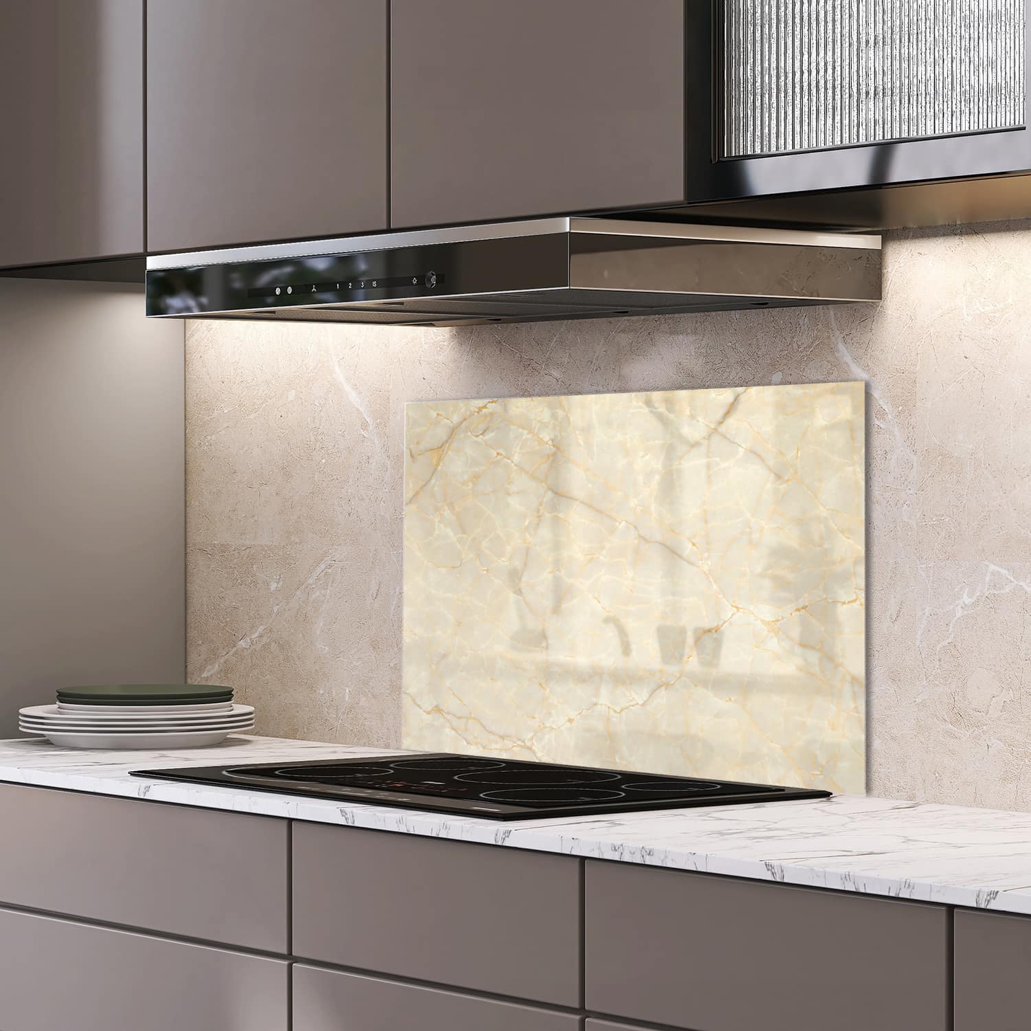 Eigen afmeting spatscherm-op-maat Keuken - Hittebestendig gehard glas - Zacht Beige Marmer