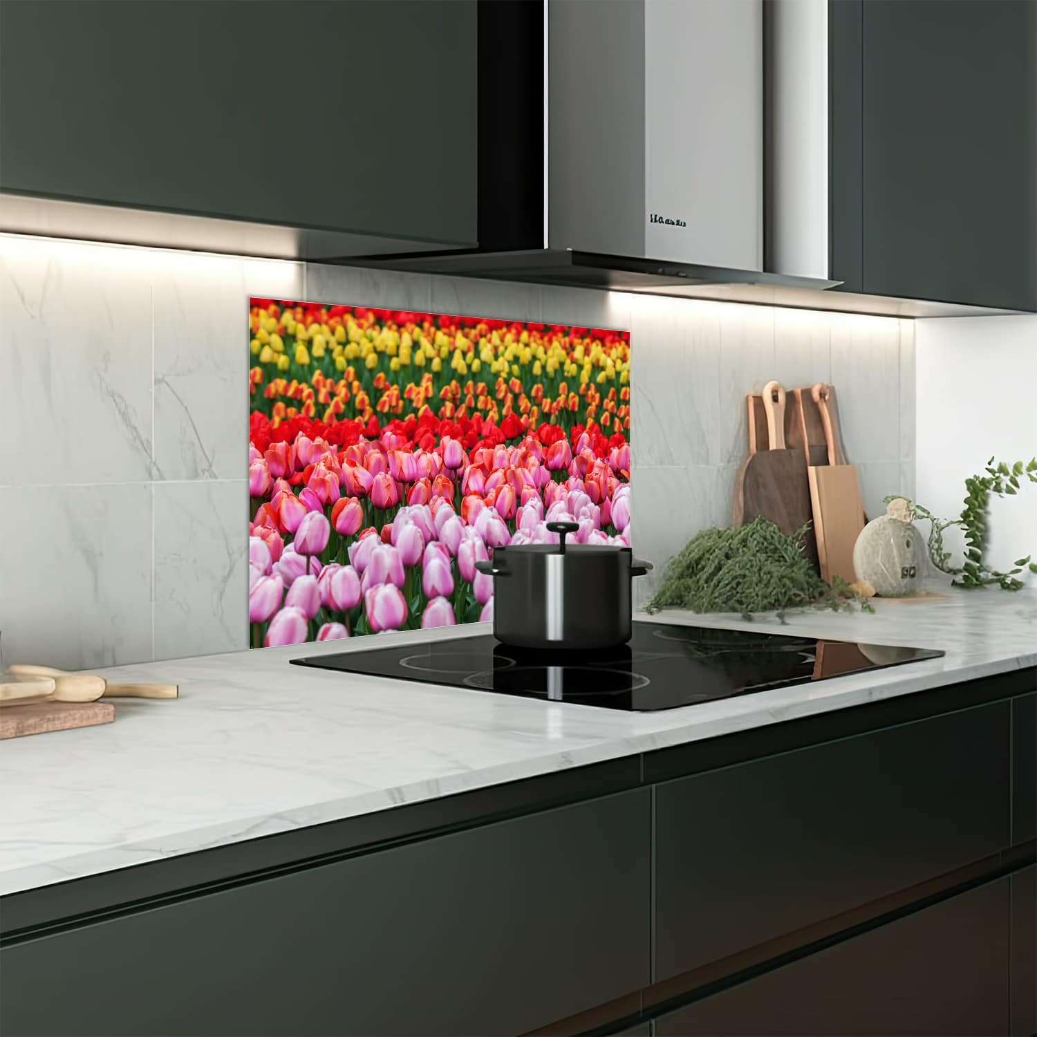 Eigen afmeting spatscherm-op-maat Keuken - Hittebestendig gehard glas - Tulpenveld in Lisse