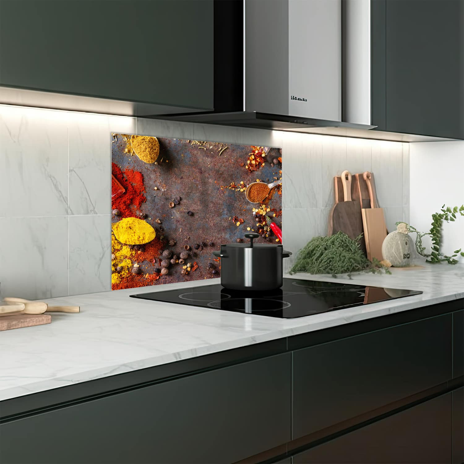 Eigen afmeting spatscherm-op-maat Keuken - Hittebestendig gehard glas - Kleurrijke Specerijen en Kruiden
