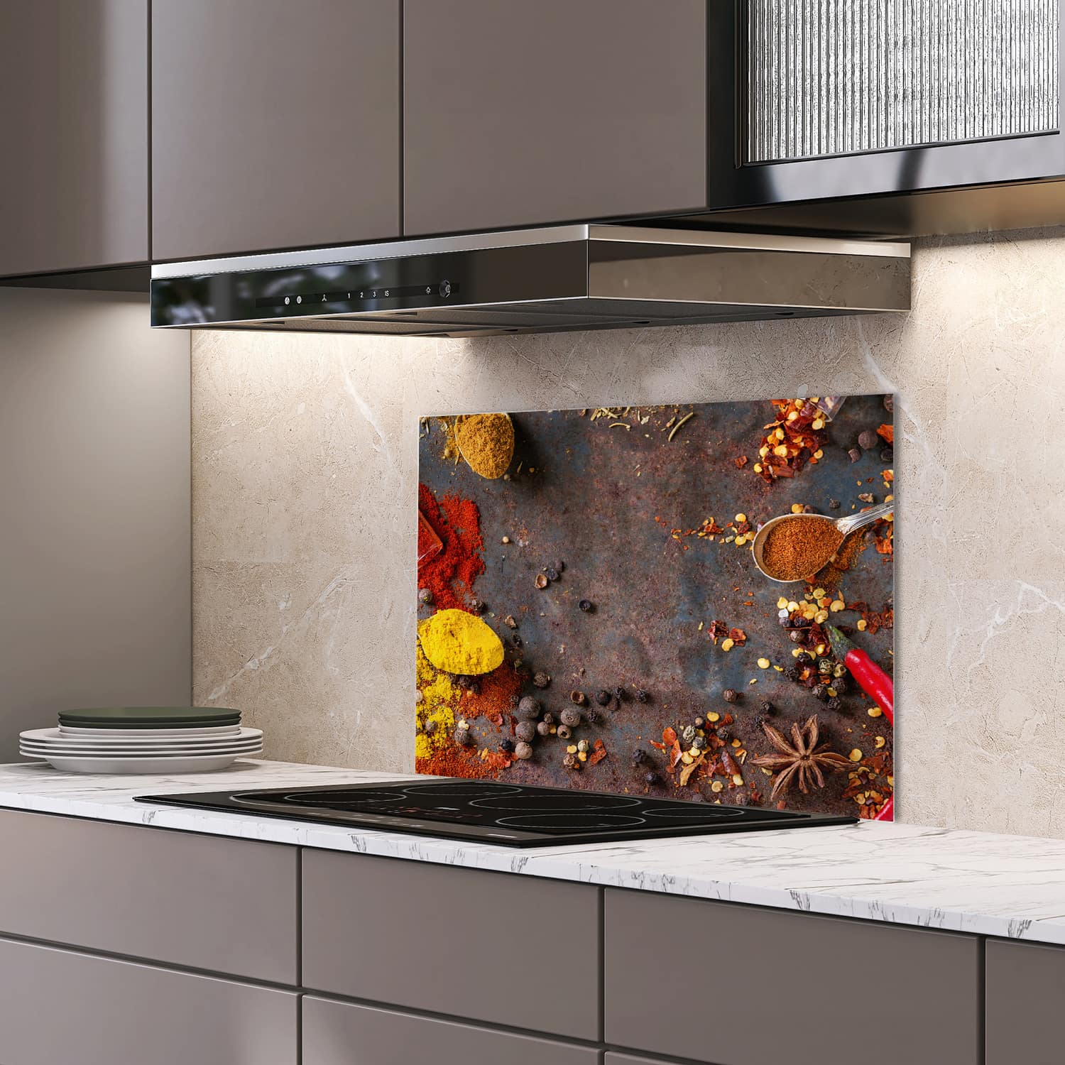 Eigen afmeting spatscherm-op-maat Keuken - Hittebestendig gehard glas - Kleurrijke Specerijen en Kruiden