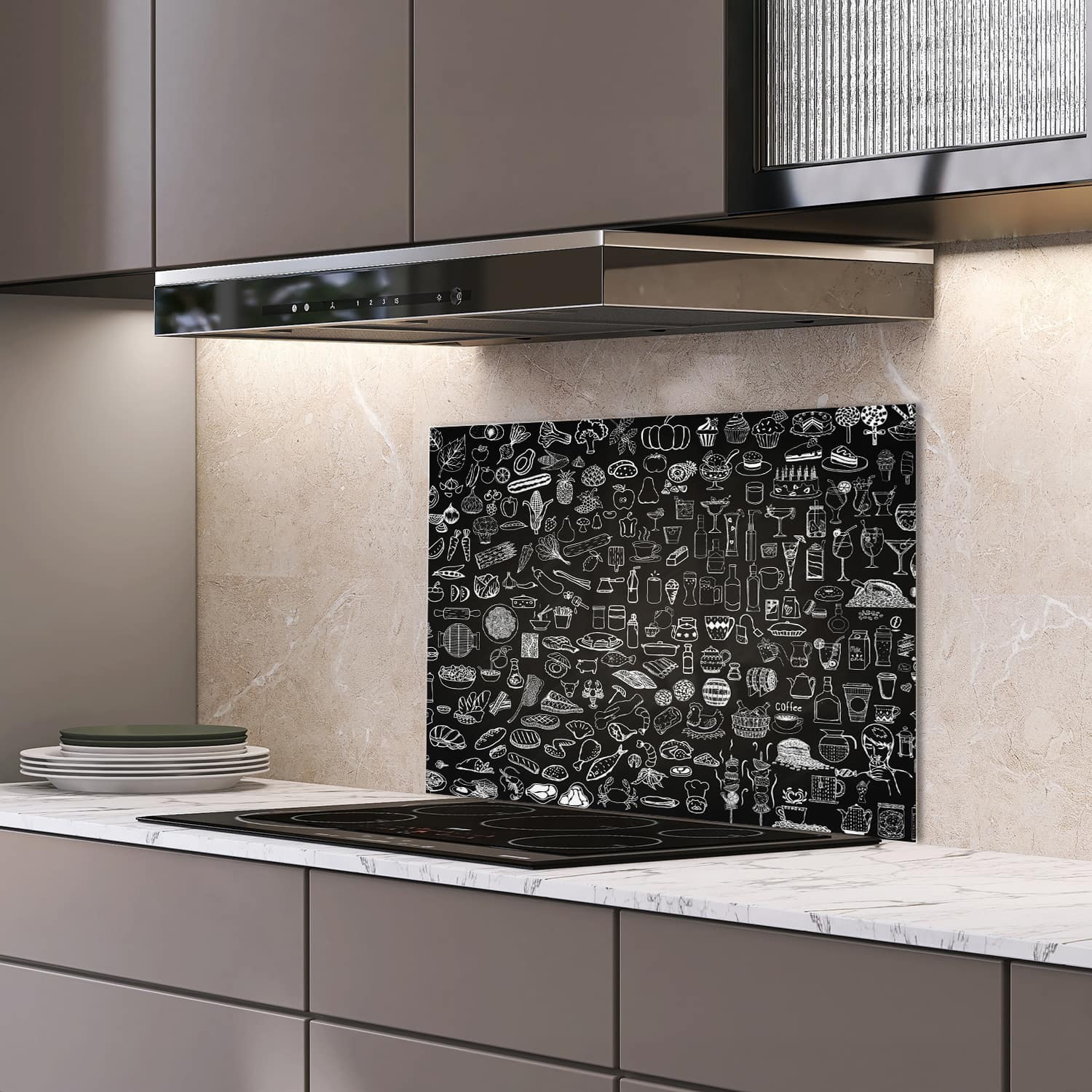 Eigen afmeting spatscherm-op-maat Keuken - Hittebestendig gehard glas - Keukentekeningen