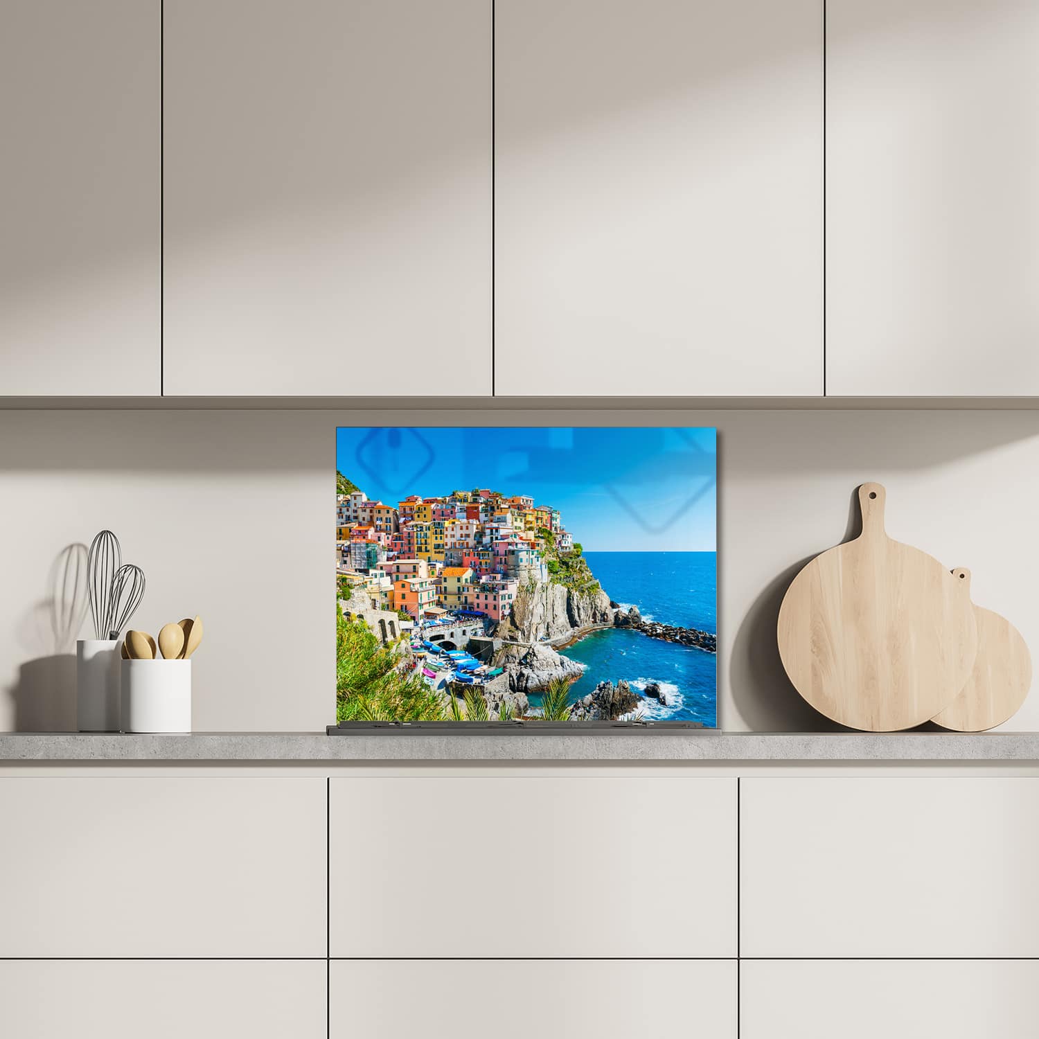 Eigen afmeting spatscherm-op-maat Keuken - Hittebestendig gehard glas - Kleurrijk Cinque Terre aan de Kust