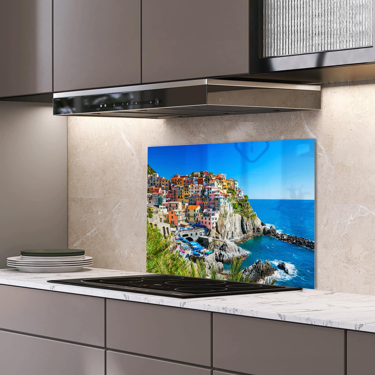 Eigen afmeting spatscherm-op-maat Keuken - Hittebestendig gehard glas - Kleurrijk Cinque Terre aan de Kust