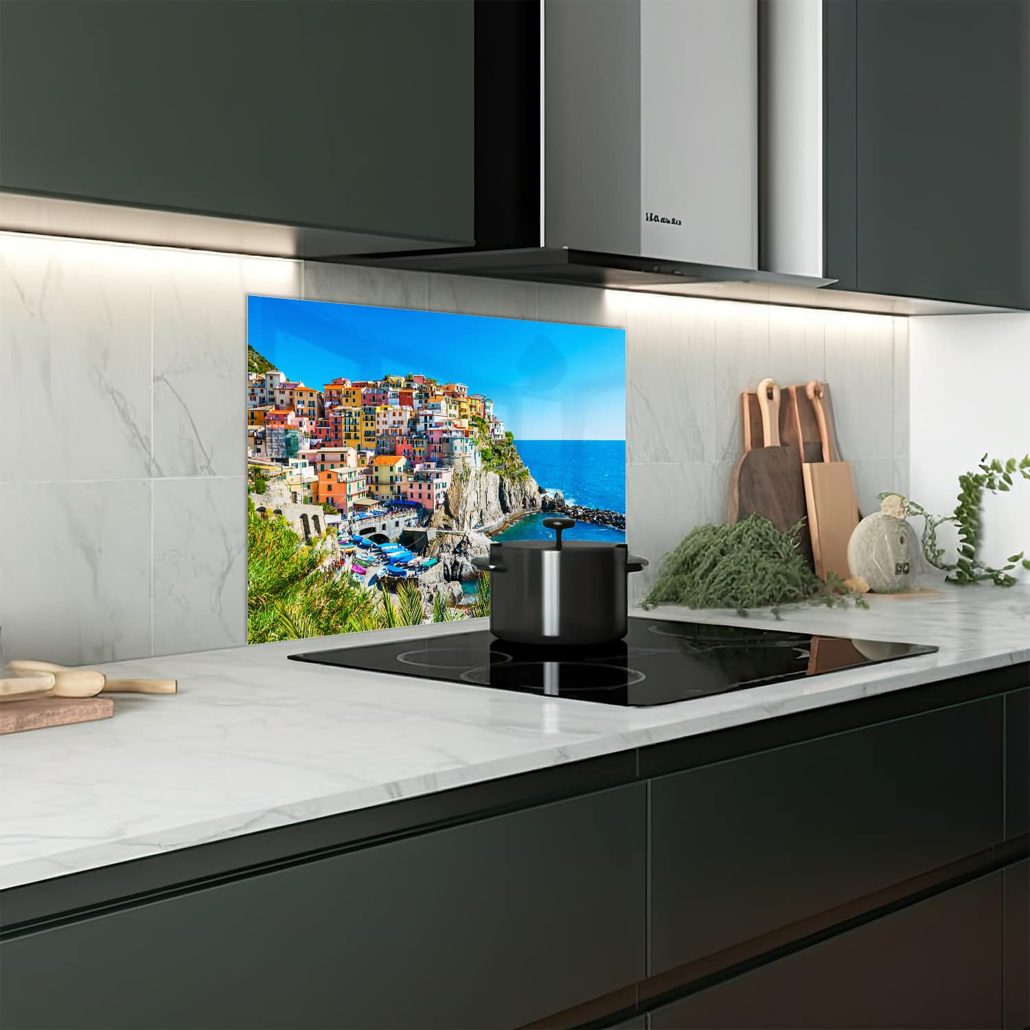 Eigen afmeting spatscherm-op-maat Keuken - Hittebestendig gehard glas - Kleurrijk Cinque Terre aan de Kust