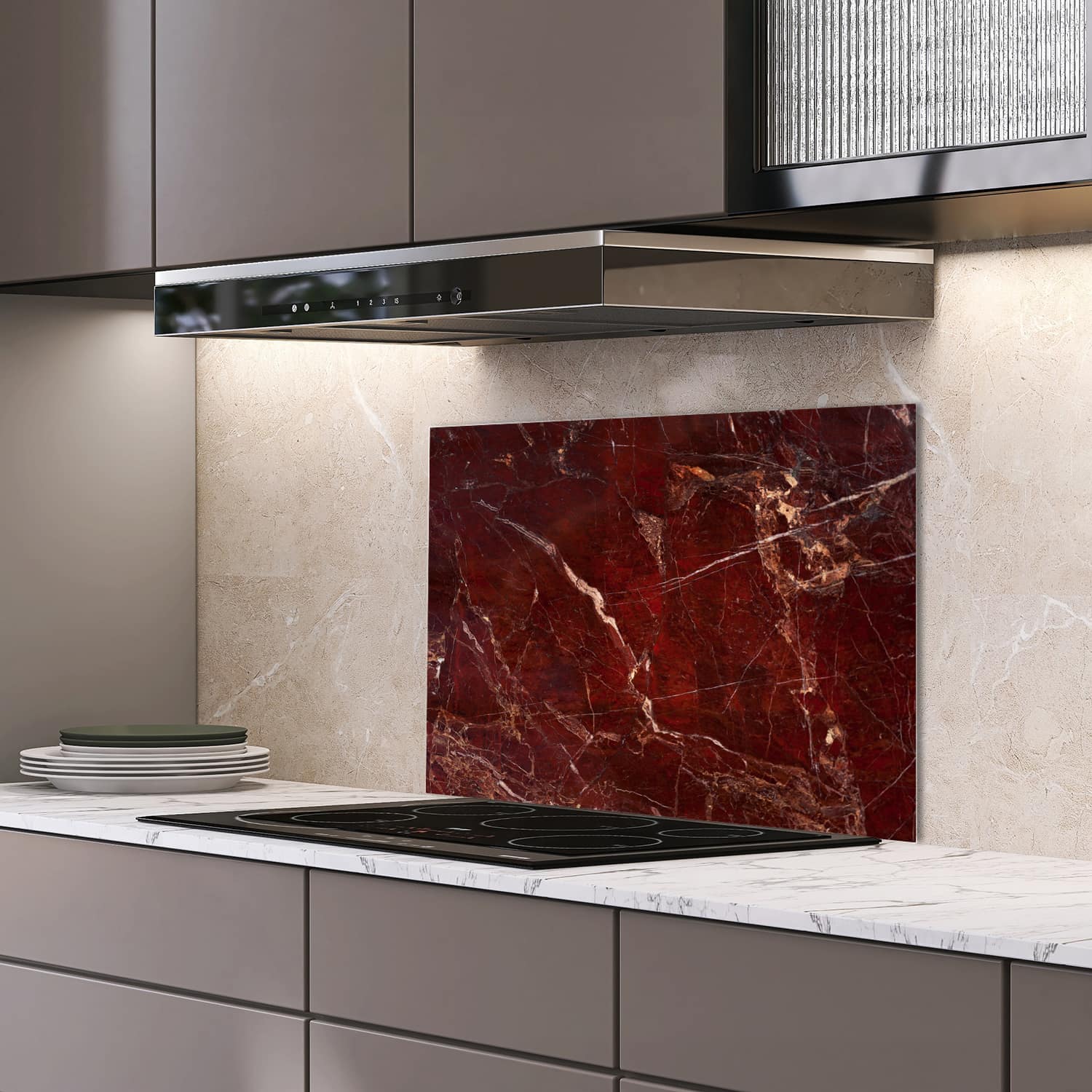 Eigen afmeting spatscherm-op-maat Keuken - Hittebestendig gehard glas - Rood Marmer