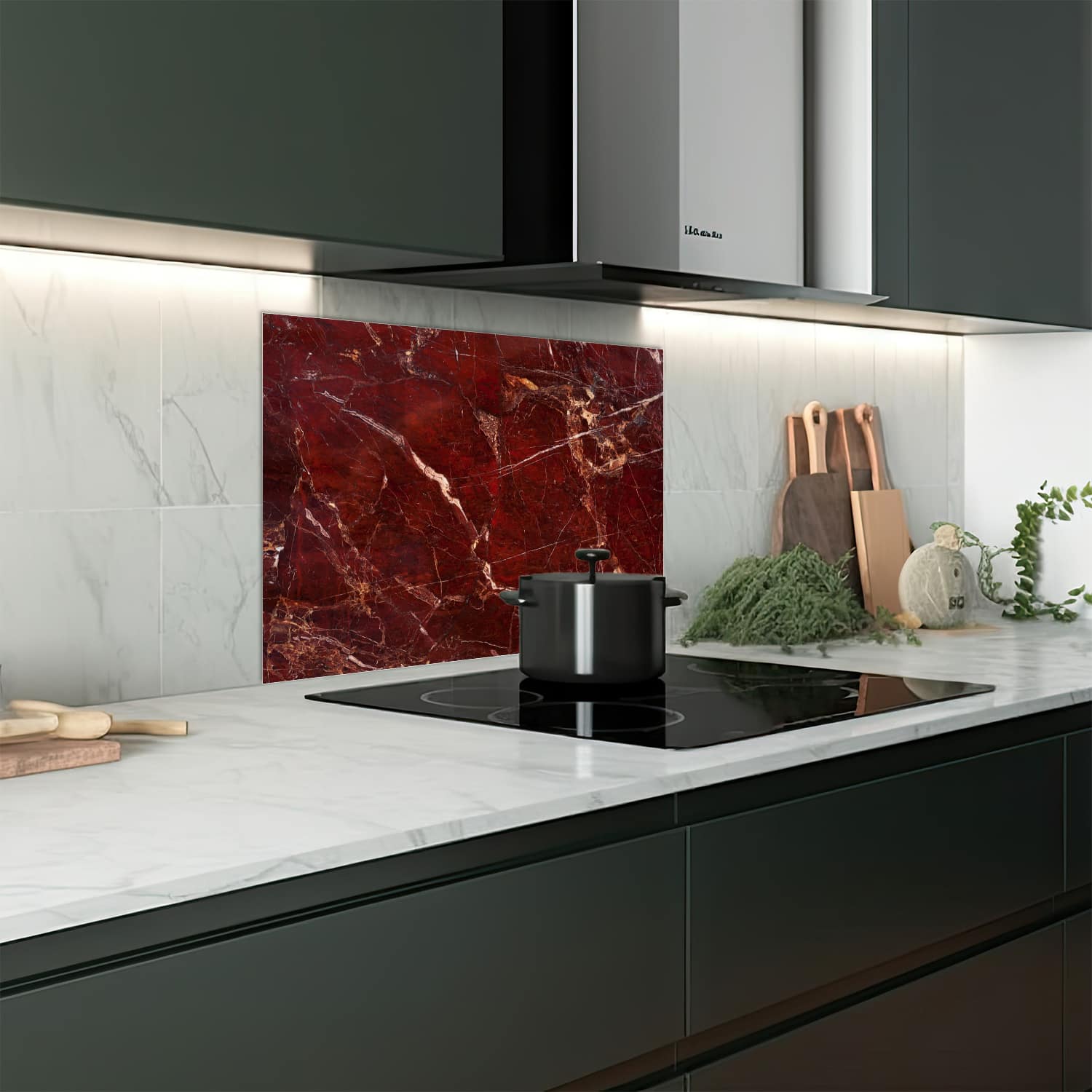 Eigen afmeting spatscherm-op-maat Keuken - Hittebestendig gehard glas - Rood Marmer