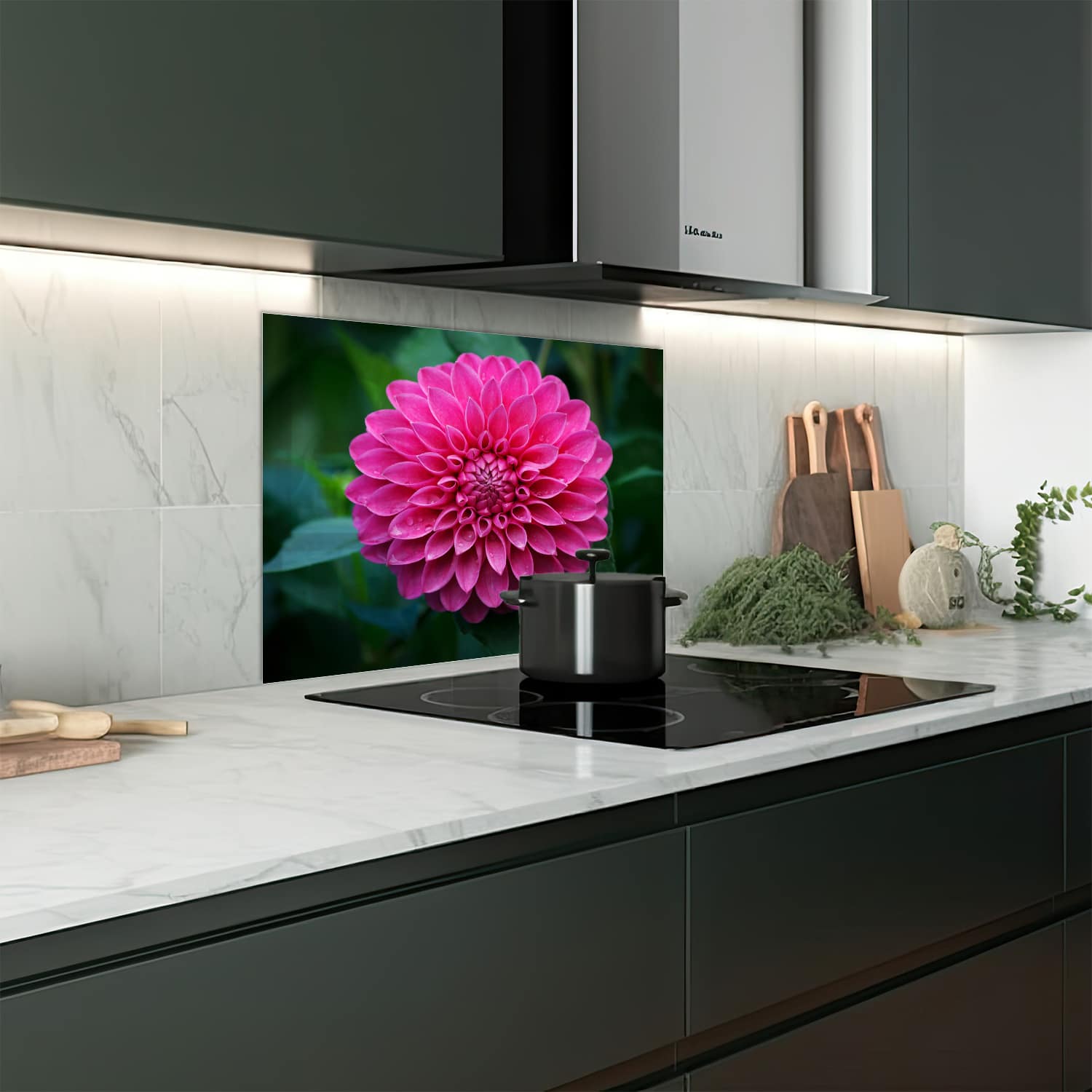 Eigen afmeting spatscherm-op-maat Keuken - Hittebestendig gehard glas - Roze Dahlia
