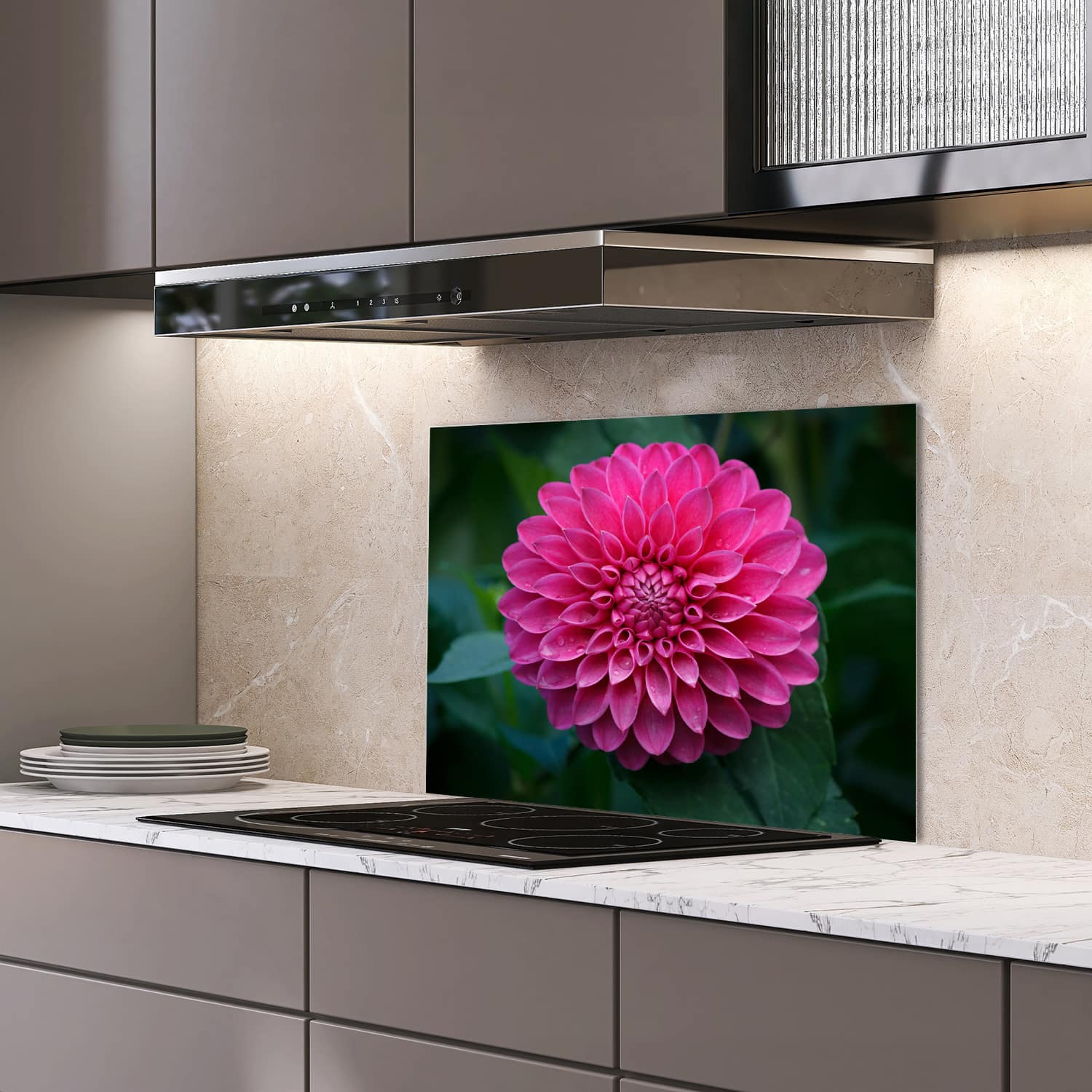 Eigen afmeting spatscherm-op-maat Keuken - Hittebestendig gehard glas - Roze Dahlia