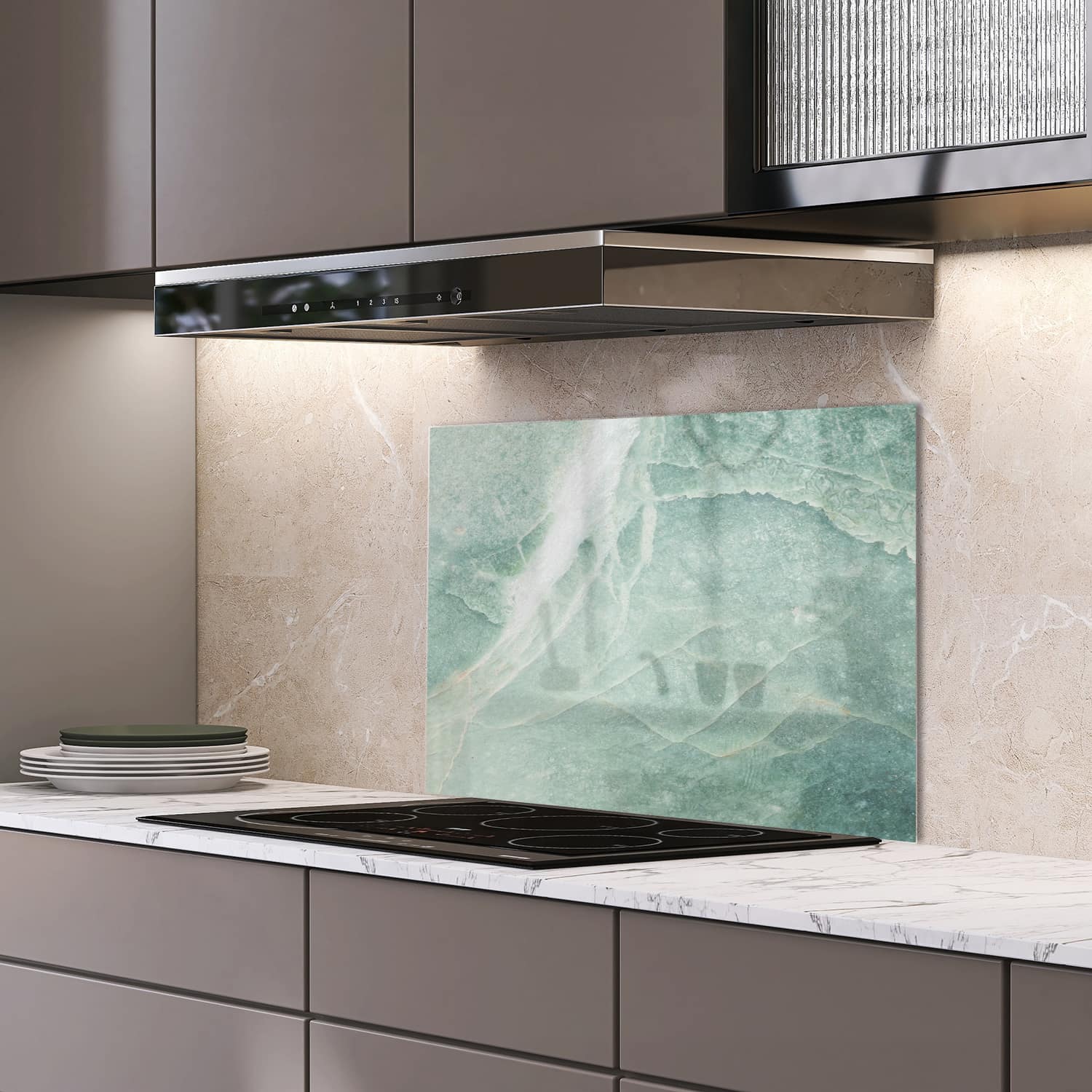 Eigen afmeting spatscherm-op-maat Keuken - Hittebestendig gehard glas - Lichtblauw Marmer