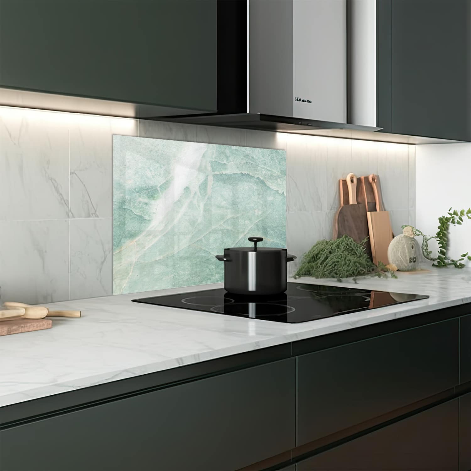 Eigen afmeting spatscherm-op-maat Keuken - Hittebestendig gehard glas - Lichtblauw Marmer