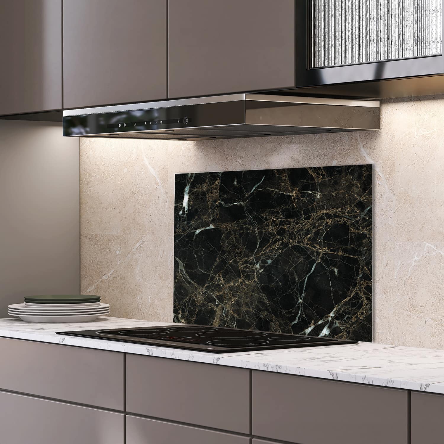 Eigen afmeting spatscherm-op-maat Keuken - Hittebestendig gehard glas - Zwart Marmer met Witte Aderen