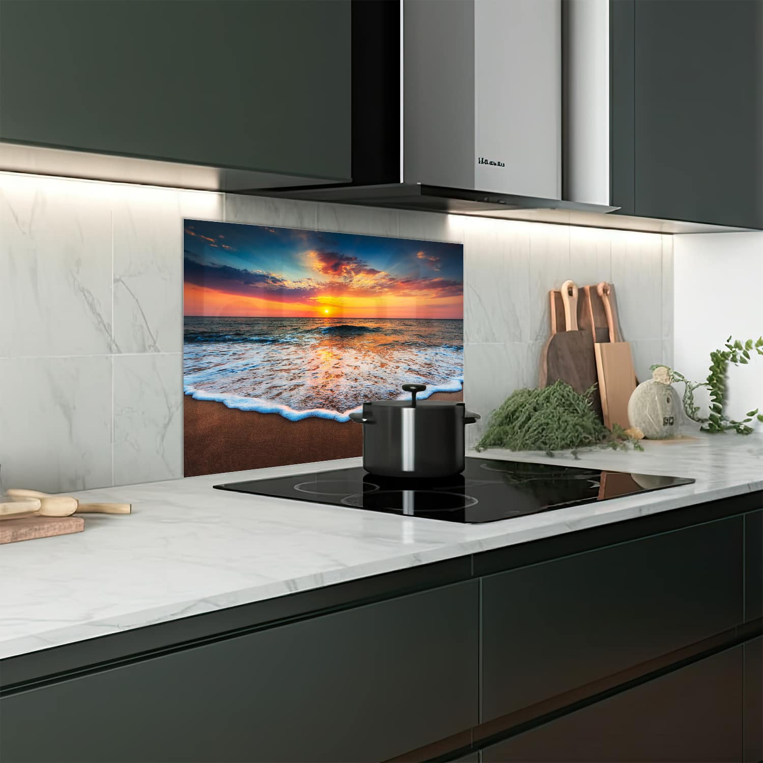 Eigen afmeting spatscherm-op-maat Keuken - Hittebestendig gehard glas - Zonsopkomst Aan Zee