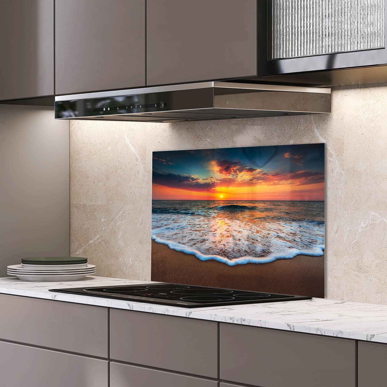 Eigen afmeting spatscherm-op-maat Keuken - Hittebestendig gehard glas - Zonsopkomst Aan Zee