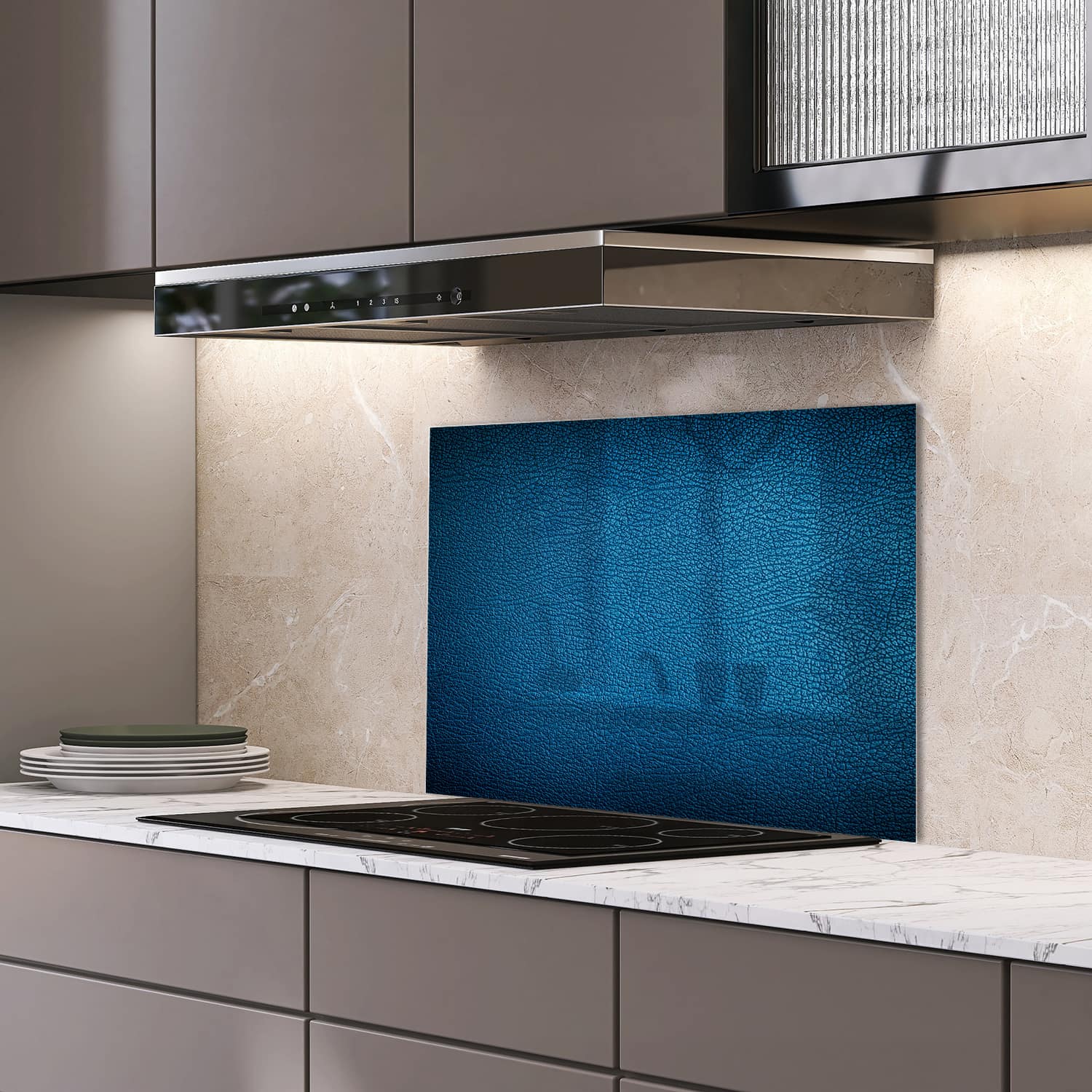 Eigen afmeting spatscherm-op-maat Keuken - Hittebestendig gehard glas - Blauw Leer