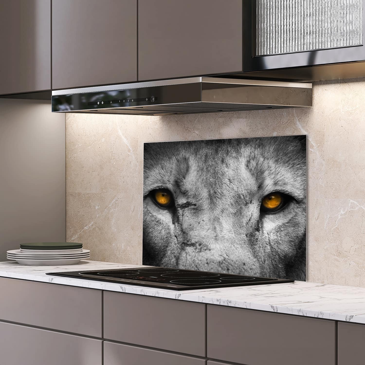 Eigen afmeting spatscherm-op-maat Keuken - Hittebestendig gehard glas - Leeuwengezicht