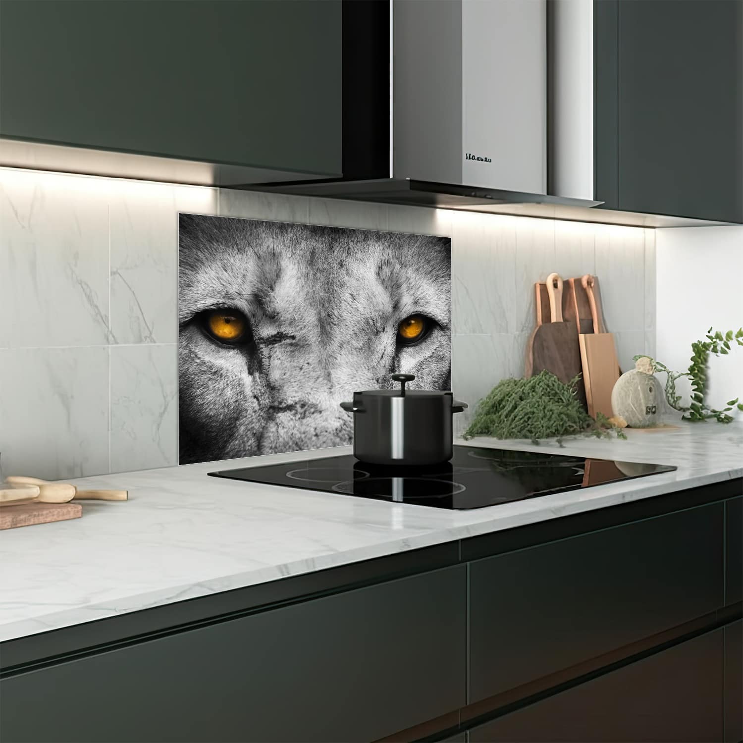 Eigen afmeting spatscherm-op-maat Keuken - Hittebestendig gehard glas - Leeuwengezicht