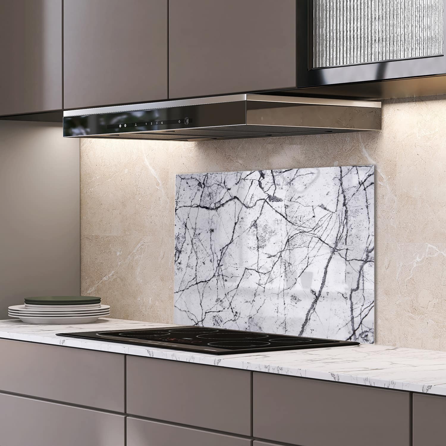 Eigen afmeting spatscherm-op-maat Keuken - Hittebestendig gehard glas - Wit en Zwart Marmer