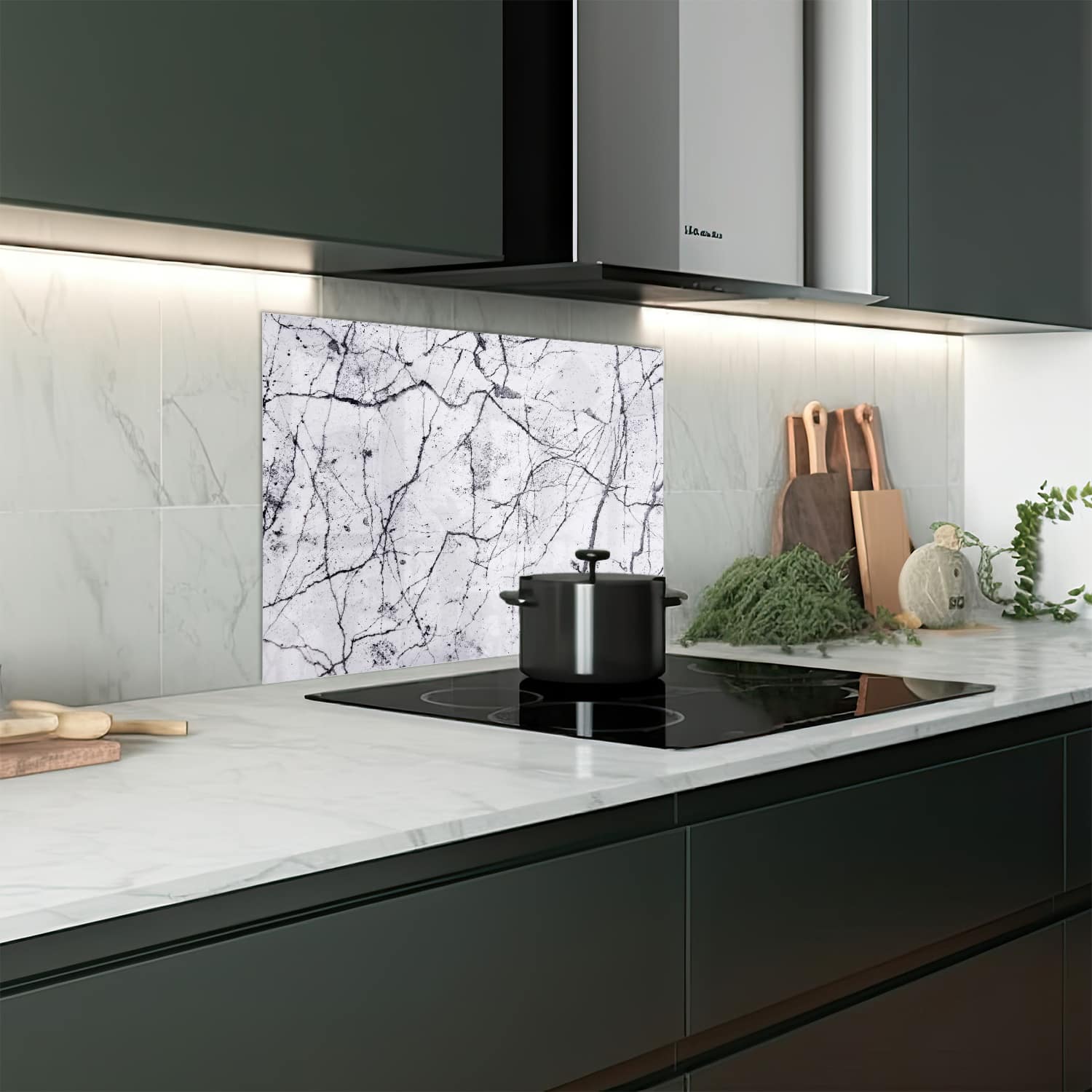 Eigen afmeting spatscherm-op-maat Keuken - Hittebestendig gehard glas - Wit en Zwart Marmer