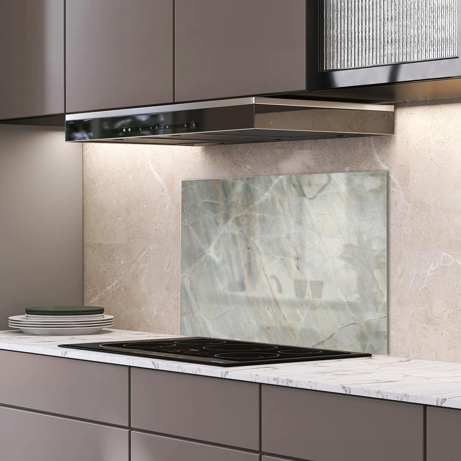 Eigen afmeting spatscherm-op-maat Keuken - Hittebestendig gehard glas - Lichtgrijs Marmer