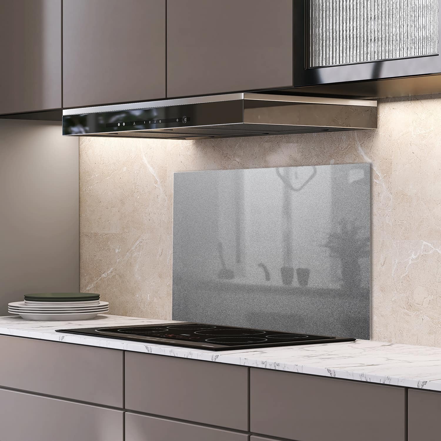 Eigen afmeting spatscherm-op-maat Keuken - Hittebestendig gehard glas - Mat Zilver