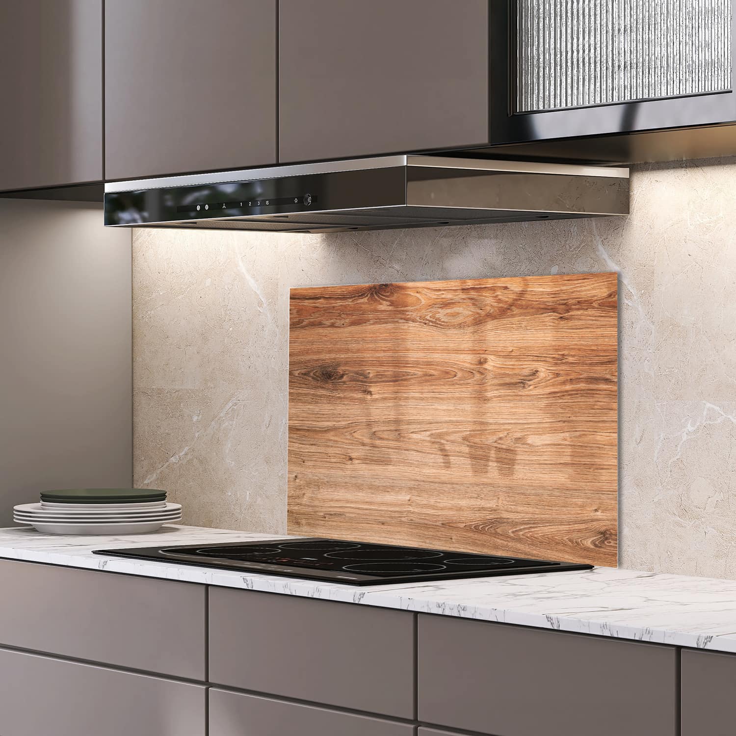 Eigen afmeting spatscherm-op-maat Keuken - Hittebestendig gehard glas - Eikenhout Textuur