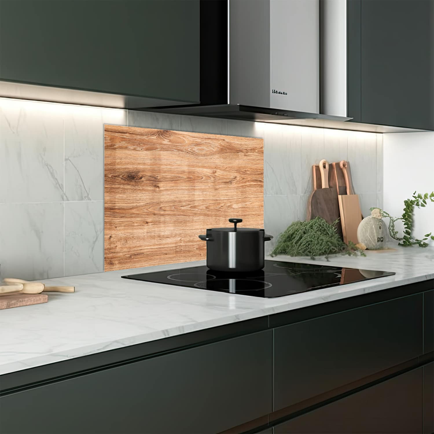 Eigen afmeting spatscherm-op-maat Keuken - Hittebestendig gehard glas - Eikenhout Textuur
