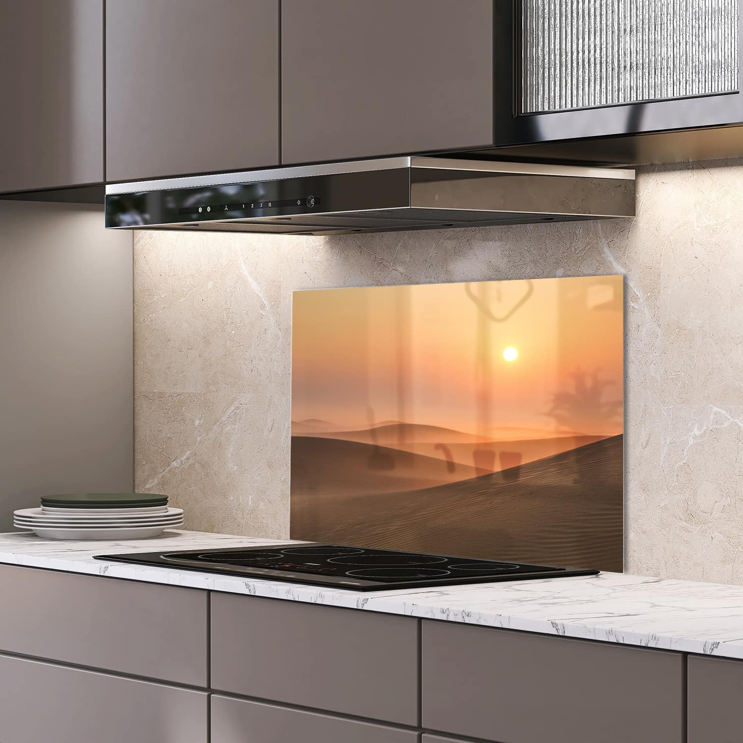 Eigen afmeting spatscherm-op-maat Keuken - Hittebestendig gehard glas - Woestijnen Bij Dubai