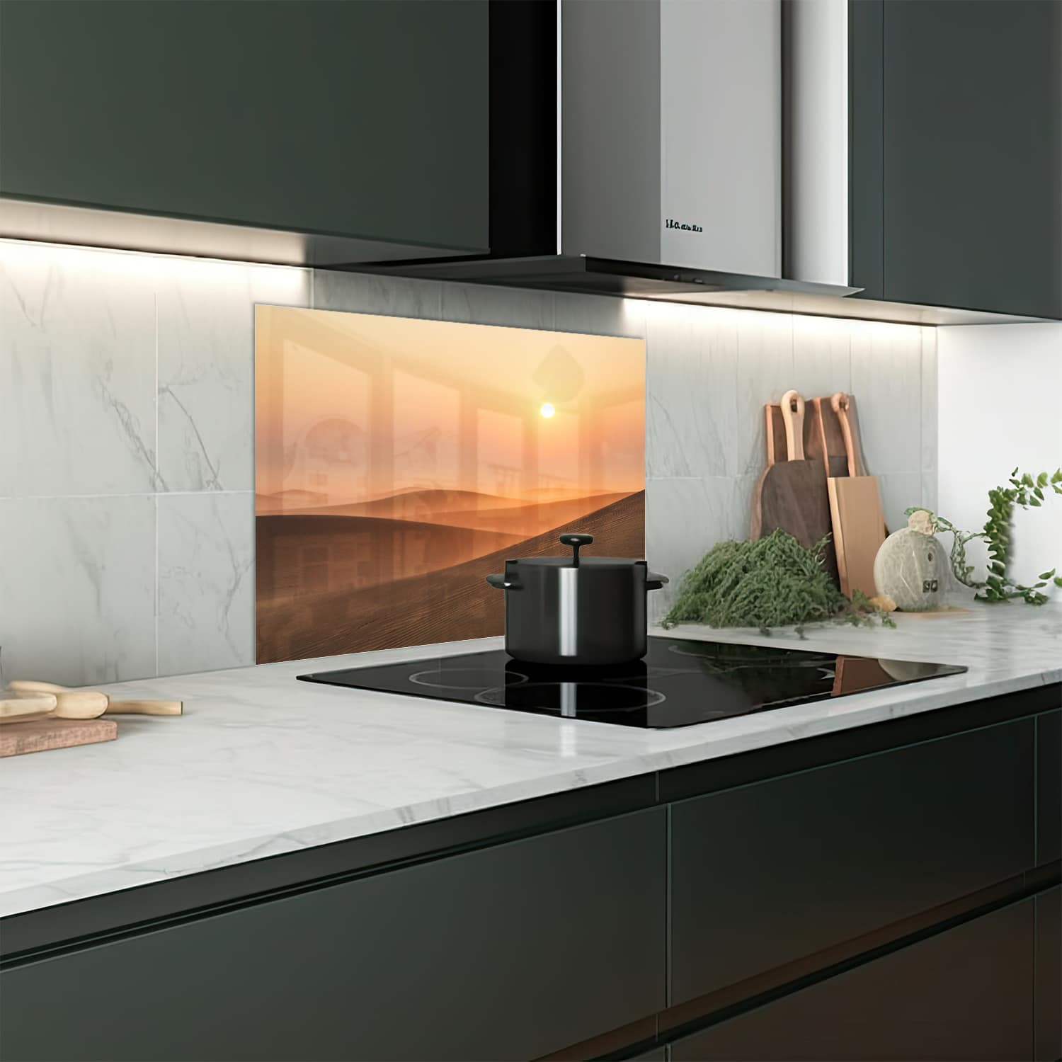 Eigen afmeting spatscherm-op-maat Keuken - Hittebestendig gehard glas - Woestijnen Bij Dubai