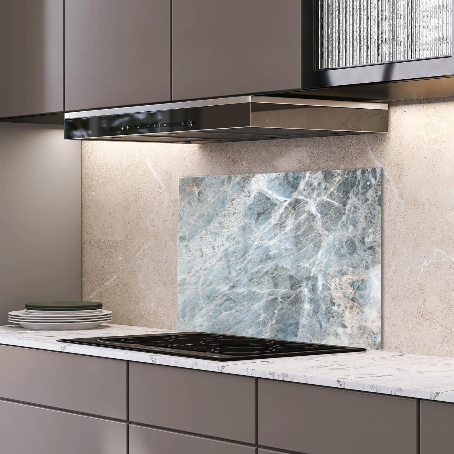 Eigen afmeting spatscherm-op-maat Keuken - Hittebestendig gehard glas - Blauwgrijs Marmer