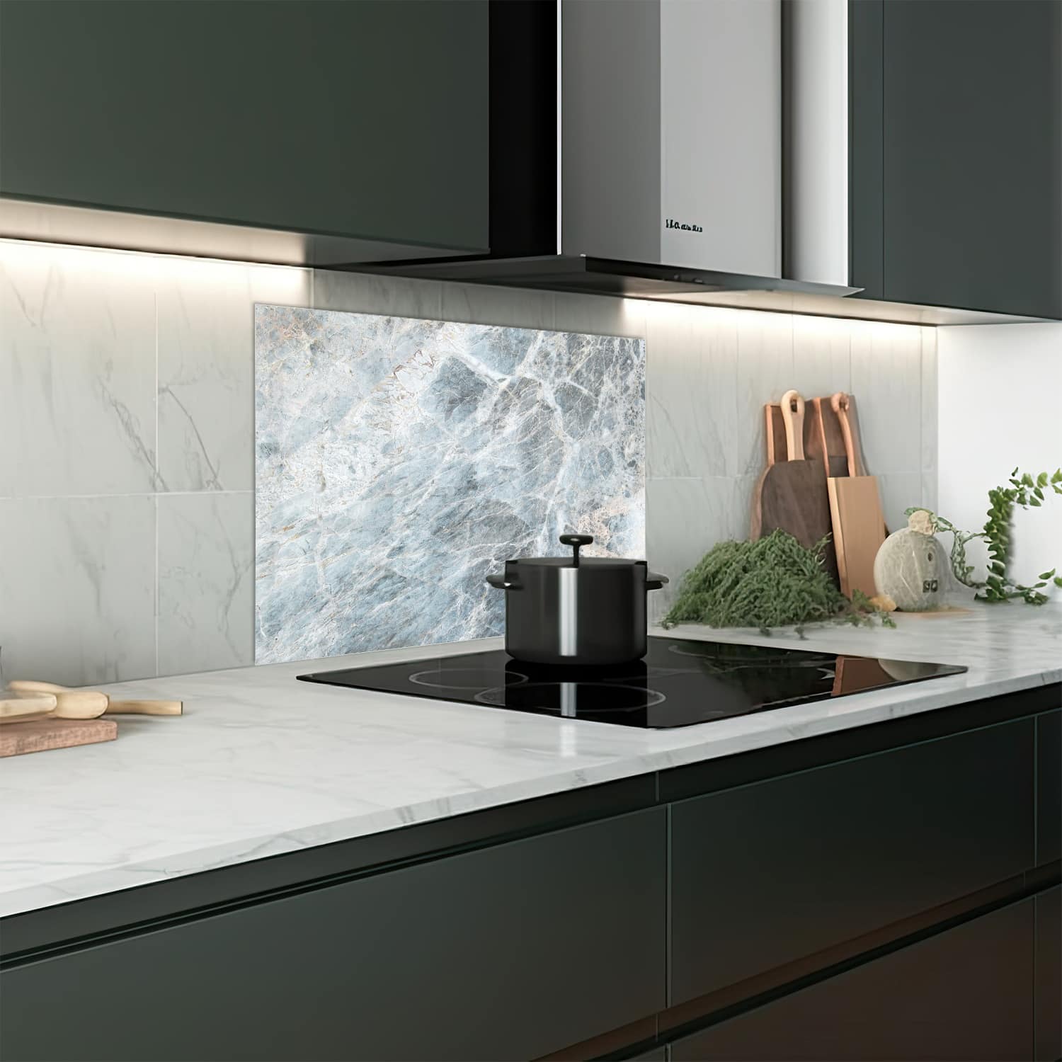 Eigen afmeting spatscherm-op-maat Keuken - Hittebestendig gehard glas - Blauwgrijs Marmer
