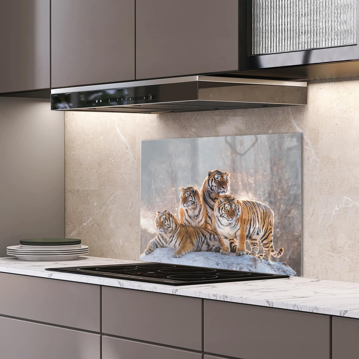 Eigen afmeting spatscherm-op-maat Keuken - Hittebestendig gehard glas - Groep Tijgers