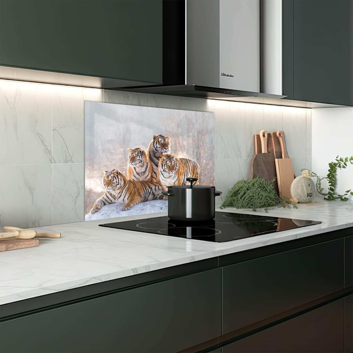Eigen afmeting spatscherm-op-maat Keuken - Hittebestendig gehard glas - Groep Tijgers