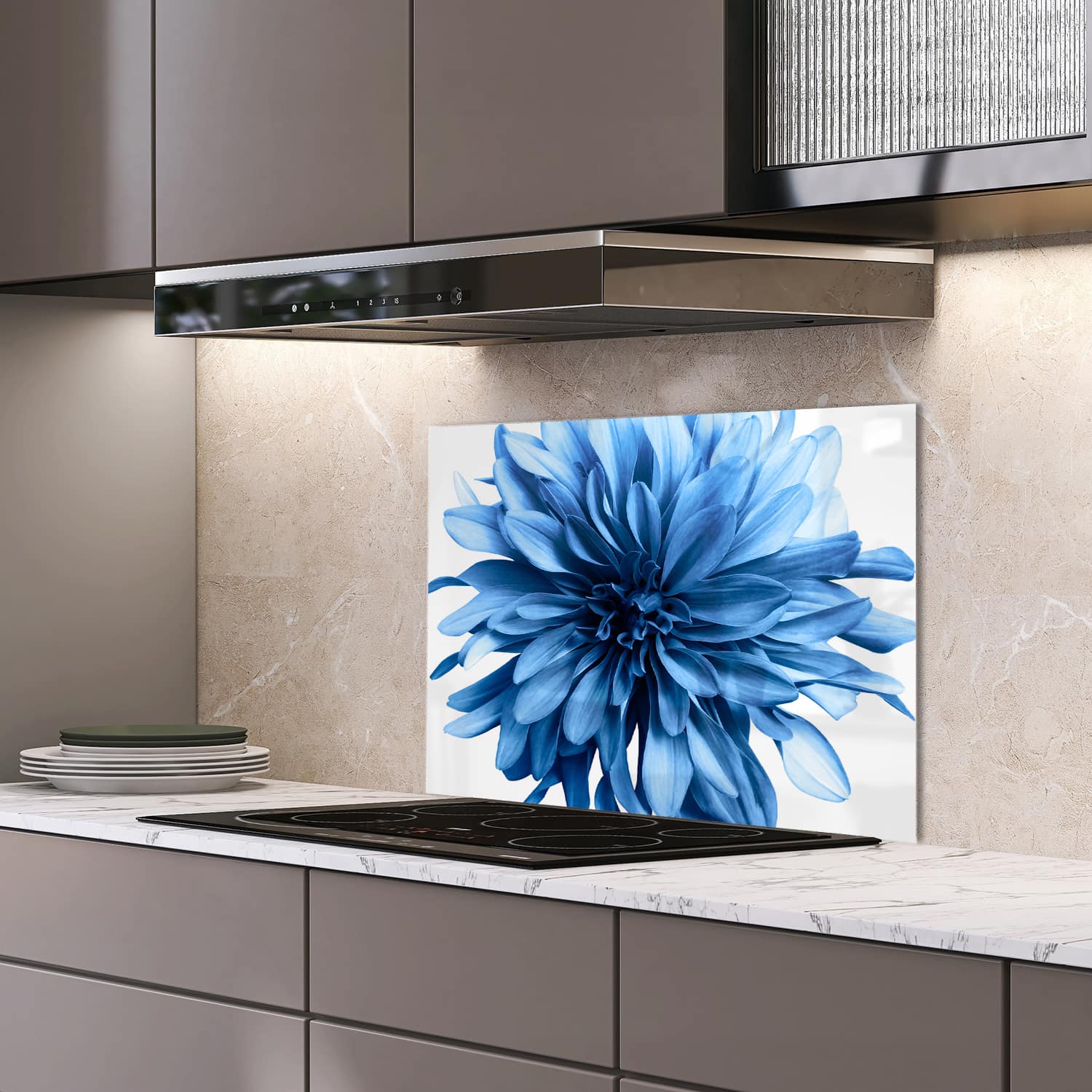 Eigen afmeting spatscherm-op-maat Keuken - Hittebestendig gehard glas - Lichtblauwe Dahlia