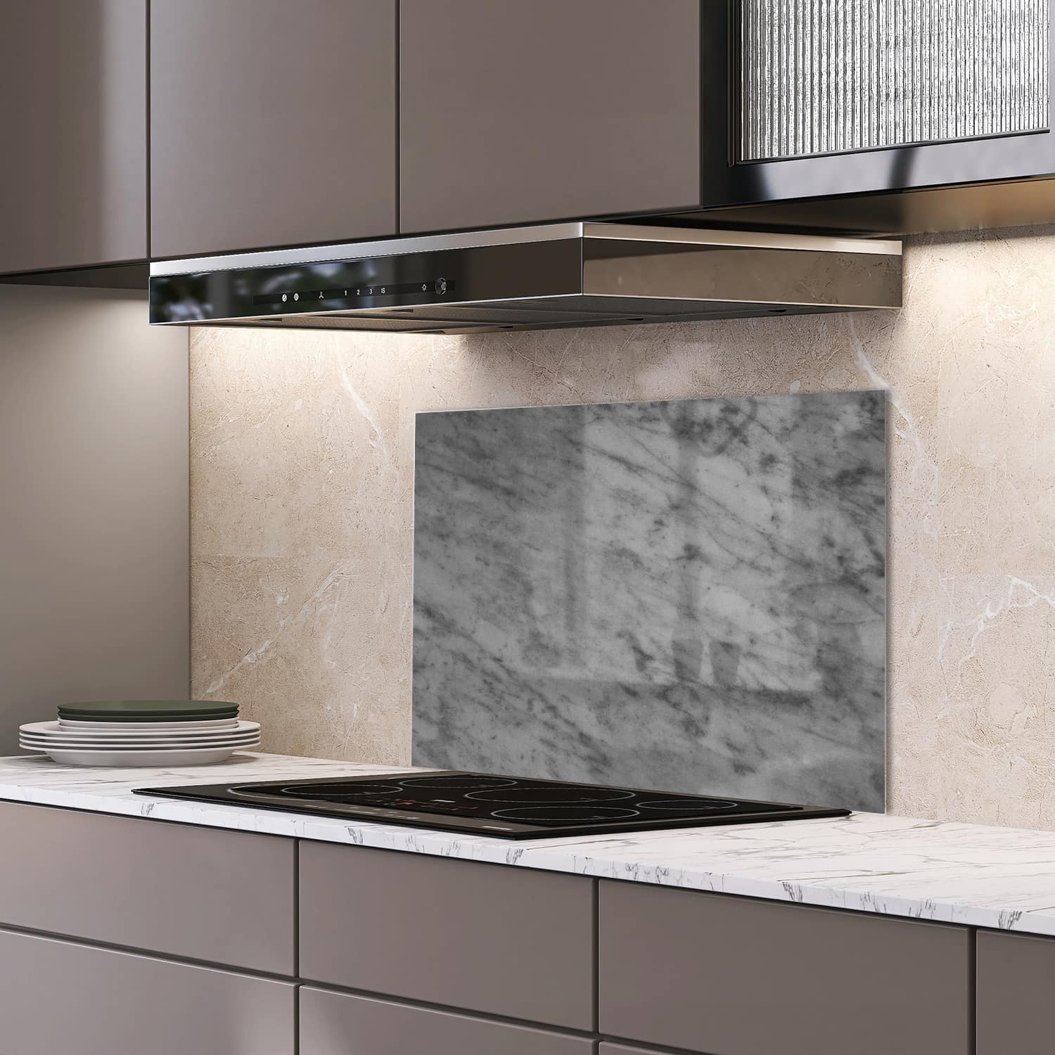 Eigen afmeting spatscherm-op-maat Keuken - Hittebestendig gehard glas - Rustieke Grijze Marmer