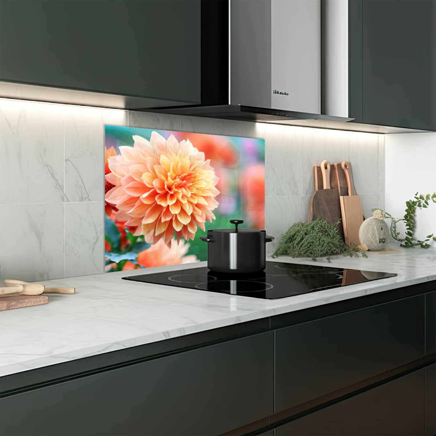 Eigen afmeting spatscherm-op-maat Keuken - Hittebestendig gehard glas - Roze/Gele Dahlia
