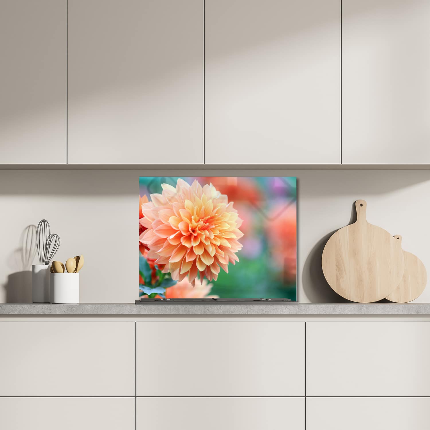 Eigen afmeting spatscherm-op-maat Keuken - Hittebestendig gehard glas - Roze/Gele Dahlia
