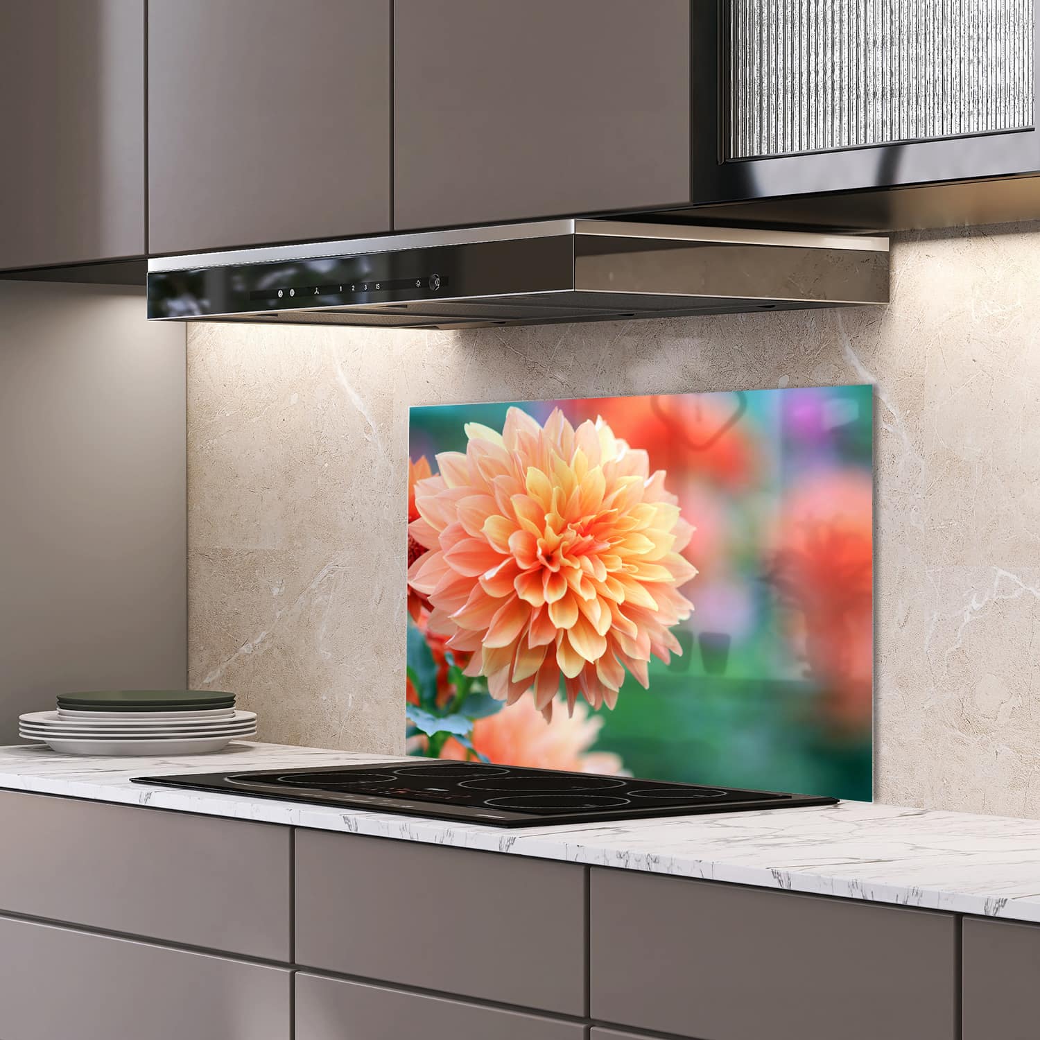 Eigen afmeting spatscherm-op-maat Keuken - Hittebestendig gehard glas - Roze/Gele Dahlia