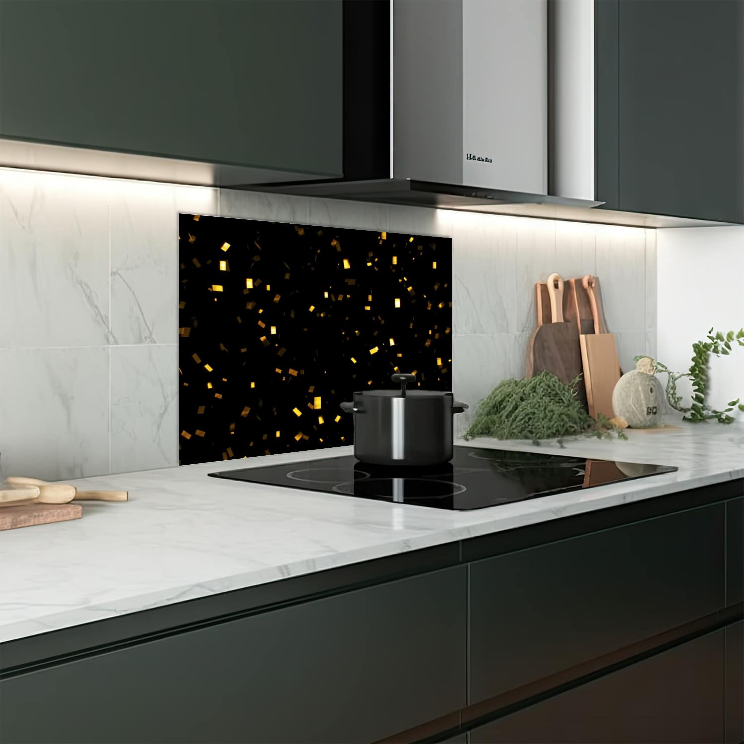 Eigen afmeting spatscherm-op-maat Keuken - Hittebestendig gehard glas - Gouden Confetti